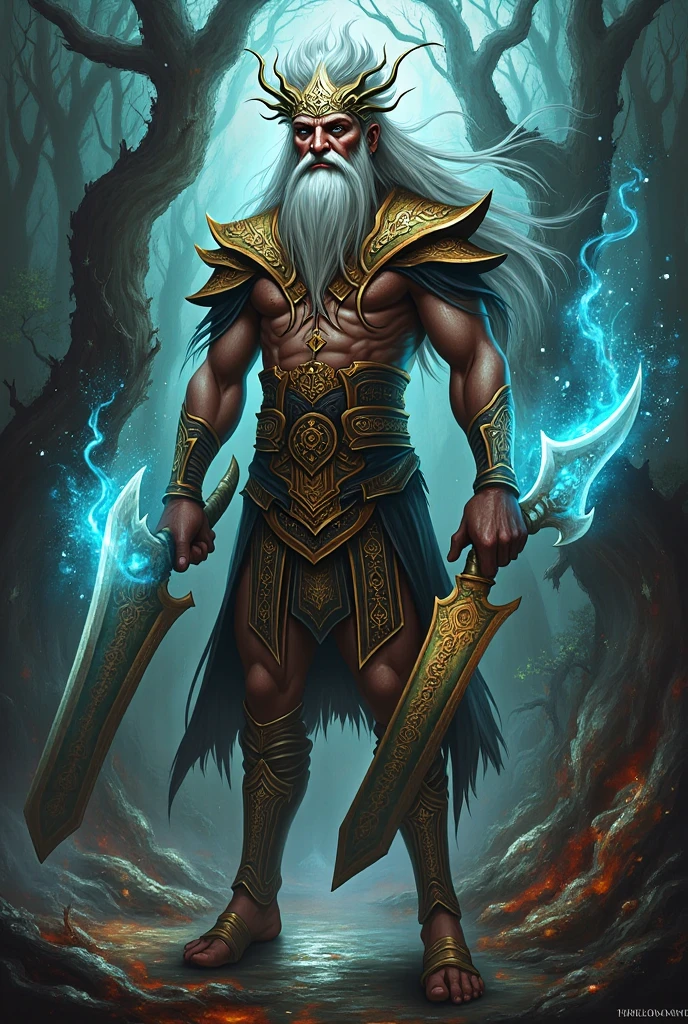 A man,long white hair,muscline,metal gauntlet,Holding a huge sword,Slash,half squatting,hyper photorealism,Cinematic lighting,Full body like,Dark trousers,There are iron chains around the waist --auto