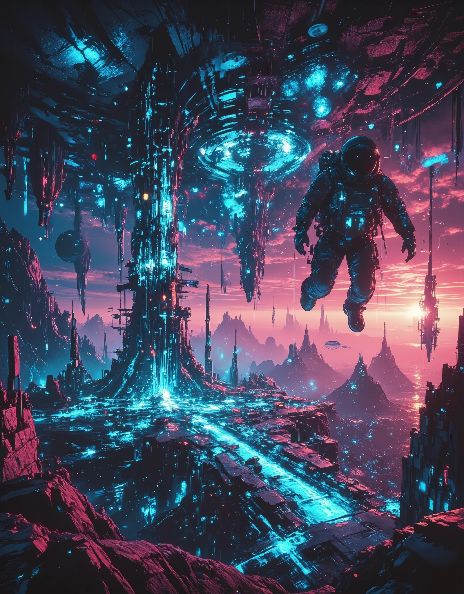 cyborg astronaut- in a shiny reflective case, flying flat over an extraterrestrial utopian colony with a large body of water, flying over an alien city with dense fantastic buildings, flying through the sky, aerial view,cosmic colors, cosmic sky, planets and constellations, a luminous utopian fascinating city below, a masterpiece of extraterrestrial architecture, cyber-futurism, utopia, absurdity, Space, science fiction, sky-fi technology, semi-realism, digital art, cover photo, top view,aerial perspective, high detail, 64k format