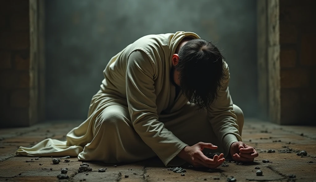 Showing himself prostrating himself on the ground, With deep humility and repentance, Bow your head, With a gesture of submission. Your expression should reflect your perception