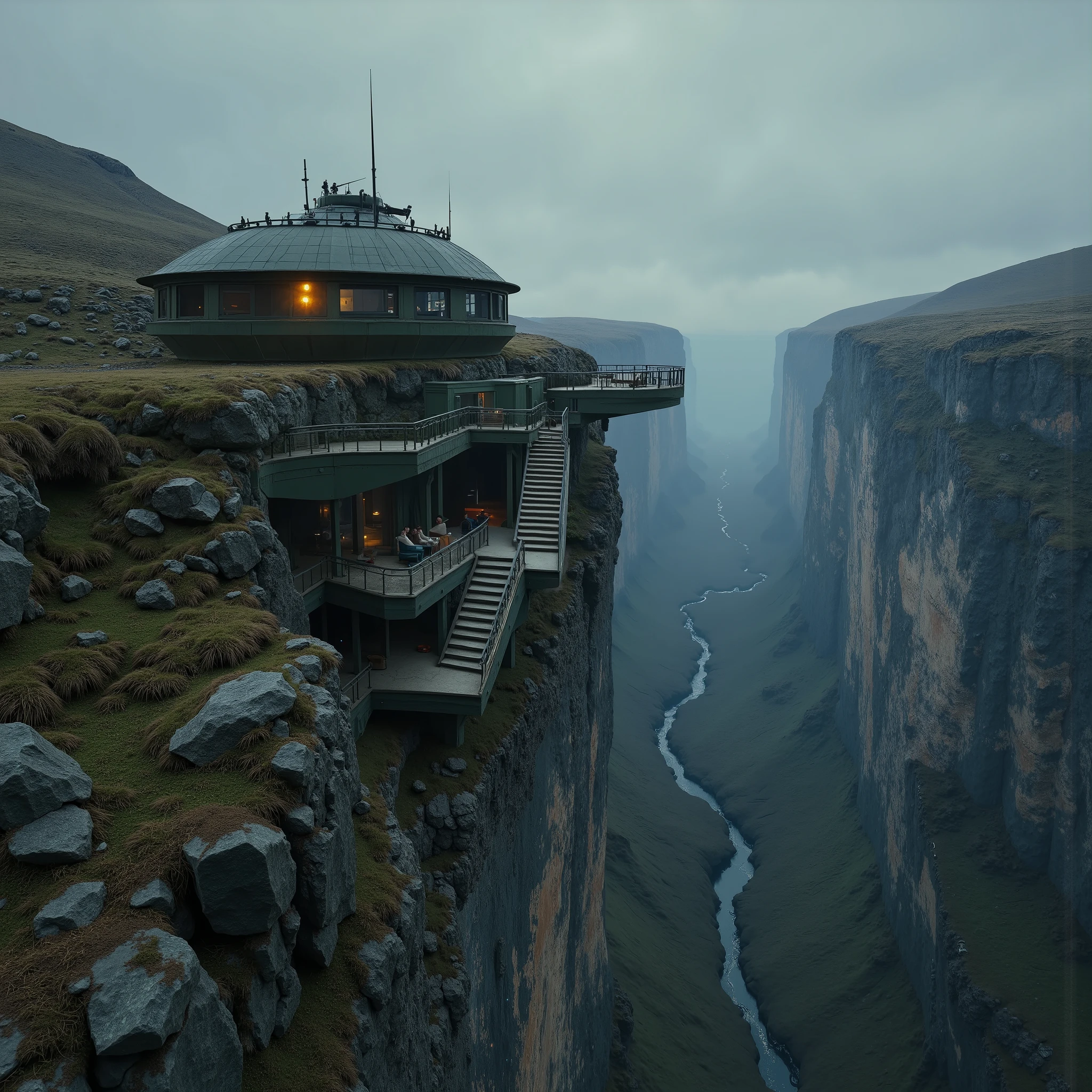“Existential Dreadwave Post-Military Cliffside Brutalism” – A vertigo-inducing off-grid survivalist retreat, precariously embedded into a sheer rock gorge with thick steel rods and industrial cables anchoring it against the abyss. The structure is a haunting fusion of decommissioned military war tanks, their camouflage green armor panels meticulously cut, reassembled, and seamlessly integrated into the architecture. The tank’s original top lid, now creatively repurposed, adds to the brutalist aesthetic, reinforcing a sense of past warfare and engineered resilience.
At the heart of the structure, an intricately rebuilt glass dome, once a tank turret, now serves as a breathtaking celestial observatory—an unsettlingly fragile contrast to the fortress-like bunker. Below, raw concrete floating staircases descend into a Japanese-Scandinavian inspired open-plan lounge, with white granite floors, dark grey postmodern sofas, and a sleek, minimalistic aesthetic. A viewing deck juts over the chasm, equipped with a high-powered telescope, inviting quiet moments of cosmic contemplation.
The atmosphere is deeply moody, textured, and immersive—a grainy, analog-photography feel captures the haunting play of shadows at dusk, as the dark dusty air settles into a dusky, late-sunset glow. Flickering neon strobes pulse faintly in the distant horizon, hinting at an unknown civilization beyond the mountainous void. The entire space feels isolated yet strangely alive, a paradox of brutalist survivalism and poetic introspection.
