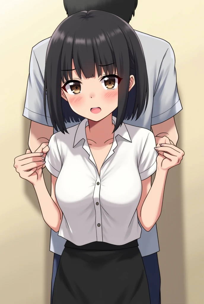 throat examination naked no panties detailed face hands behind back small breasts cute embarrassed nipples black hair black eyes short hair embarrassed blushing shy sitting hospital examination close up of face breast touching 1.Doctor Sex