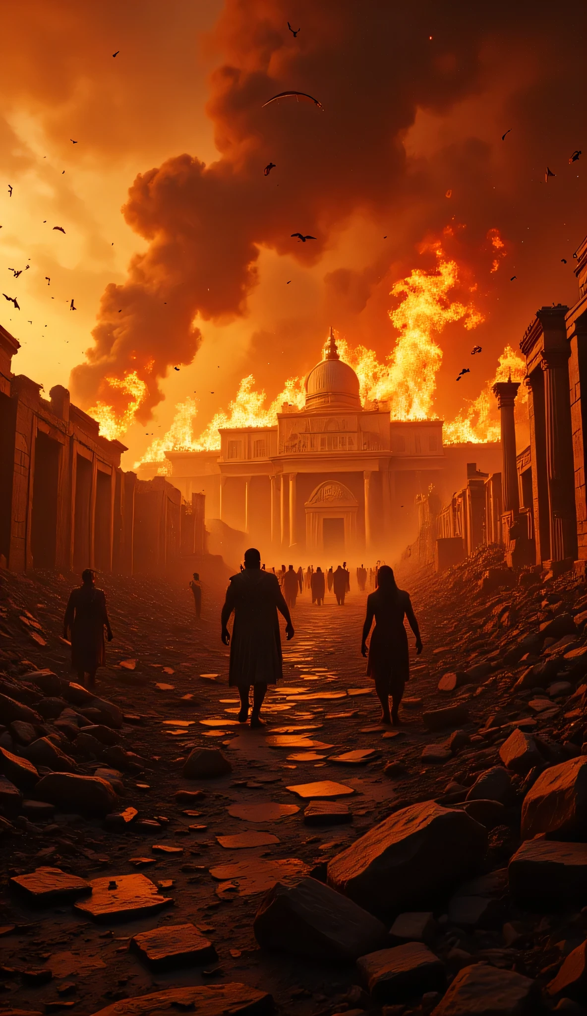 **Prompt:** Create a hyperrealistic digital artwork that captures the catastrophic scene of the ancient Greek city of Troy engulfed in flames. Utilize a wide panoramic camera angle to showcase the destruction, incorporating intricate details of debris and ruins amid the burning landscape. Ensure the lighting concept enhances the dramatic atmosphere, emphasizing the horrors of this dark age. Focus on realistic textures and depth, particularly in human figures that portray the tragedy's emotion. Aim for a balancing composition that draws the viewer’s eye through the chaotic scenery, paying homage to the artistic styles of both National Geographic and modern CG artistry, with an infusion of bronze-punk elements. Experiment with slow shutter speed effects to add dynamism, making the flames and falling debris feel alive. Render this scene with the precision expected from Octane 3D and Nikon photography, ensuring full details and depth of field are captured in a RAW format.