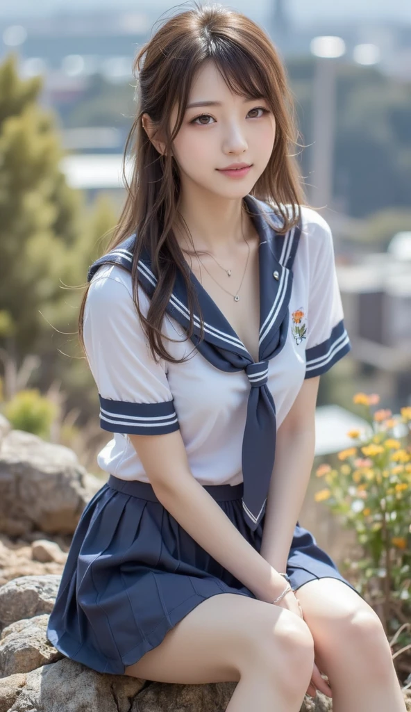 (best quality, 8k, 32k, masterpiece, UHD:1.2), (RAW photo), (realistic), (photorealistic:1.2), (high resolution), huge filesize, ultra-detailed, extremely beautiful face & eyes, 1girl, japanese elementary school student,14yo, 13yo, 12yo, round small face, baby face, thin waist, large breasts, slim proportions, thin thighs, (darkblue pleated mini skirt, japanese sailor, sailor fuku, serafuku, japanese school sailor suit), nice hands, perfect hands, accurate hand depiction, perfect thumb & fingers, sweaty, shy smile, pure white teeth, from below, japanese classroom,