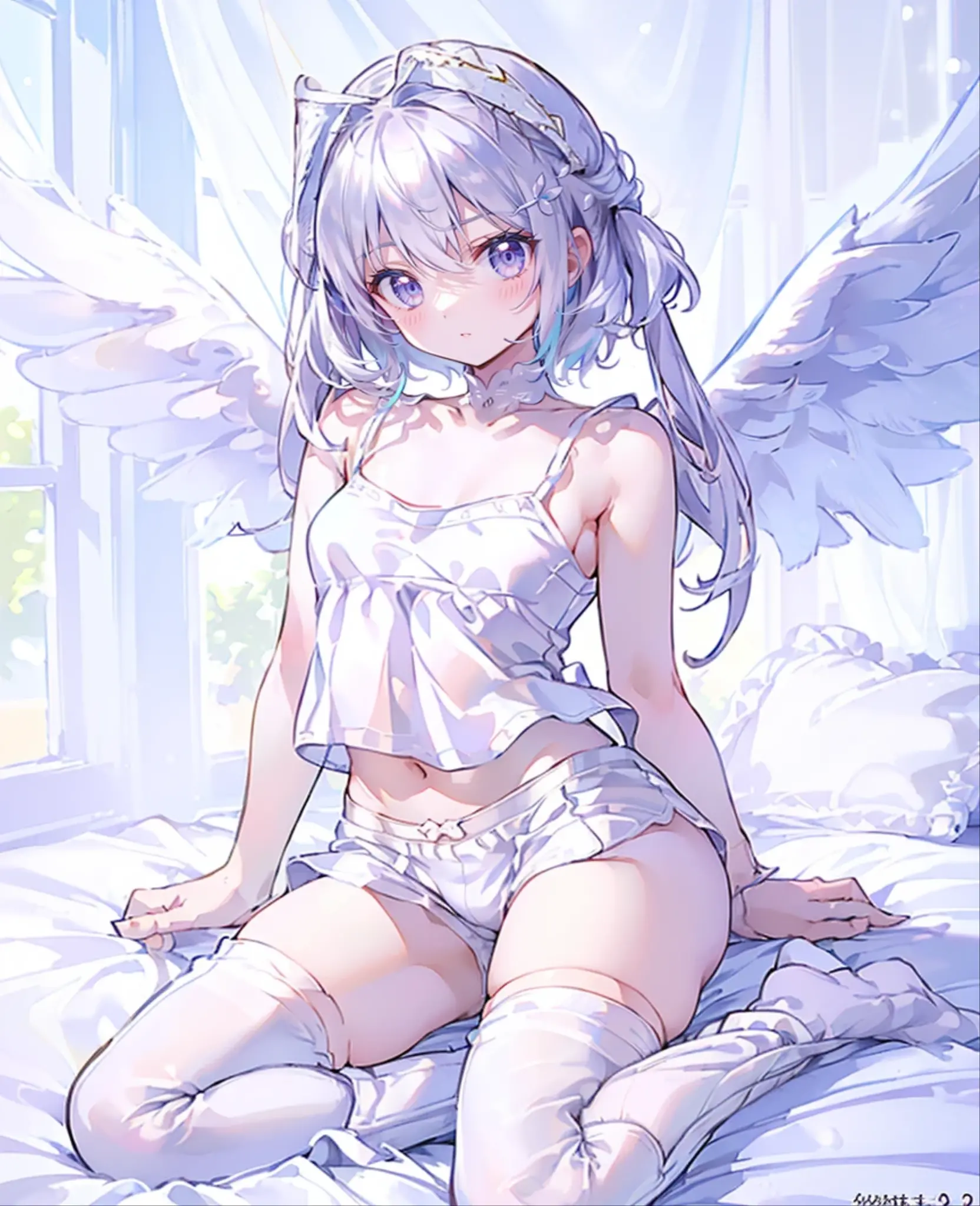 azusa-default,purple eyes,white hair,long hair,wings,hair flower, Only white dress,transparan, white underwear, smile, beautiful thighs, in the House, skirt lifted, on bed