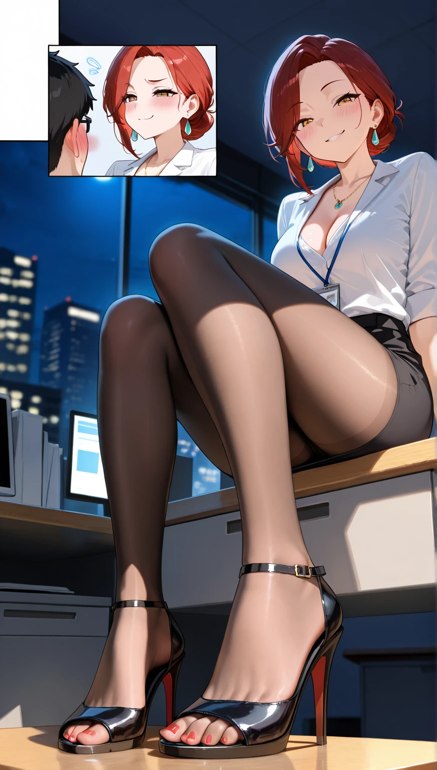 1girl,masterpiece,best quality,(8k, best quality, masterpiece:1.2), (ultra-detailed:1.2), ultra quality, high quality, beautiful detailed glow,film Reflection, high resolution illustration、 ((from front,front face)), Detailed beautiful eyes,upturned eyes,looking at viewer,red lip, (embarrassed,blush:1.3),smie,(full-face blush:1.1), (chignon:1.3),
ANA Stewardess uniform,flight attendant suit,light gray jacket,collared shirt,black pantyhose,high heels,name tag,scarf,blue thong,(thong under panty hoses:1.8),(public hair:1.5), ((Voluptuous,glamorous,Chubby,thicc,curvy,Leggy,Tall,hanging breasts,1 grandma)), (open legs:1.5),(spread legs:1.5),sitting,arms behind back, (((on the bed,giant modern window with view of city skyline in background))),