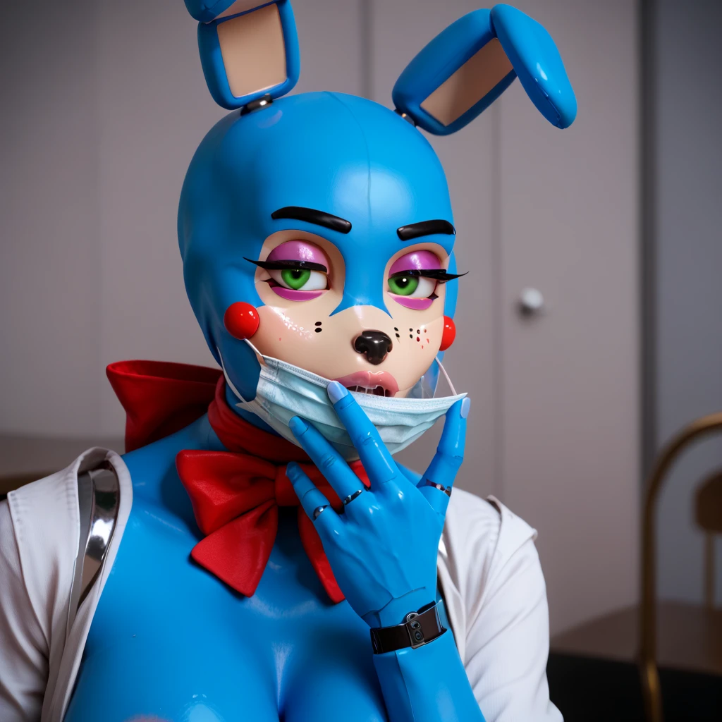 score_9, score_8_up, score_7_up, BREAK,  <lora:BlBonPXL:1>, animatronic, bonnie, red bow, blue skin, breasts, green eyes, big breasts, school, shirt,  <lora:GaggedundermaskV2:1>, surgical mask, dildo under mask, removing mask, saliva, face focus, close-up view, dildo, ball gag, gagged, gag