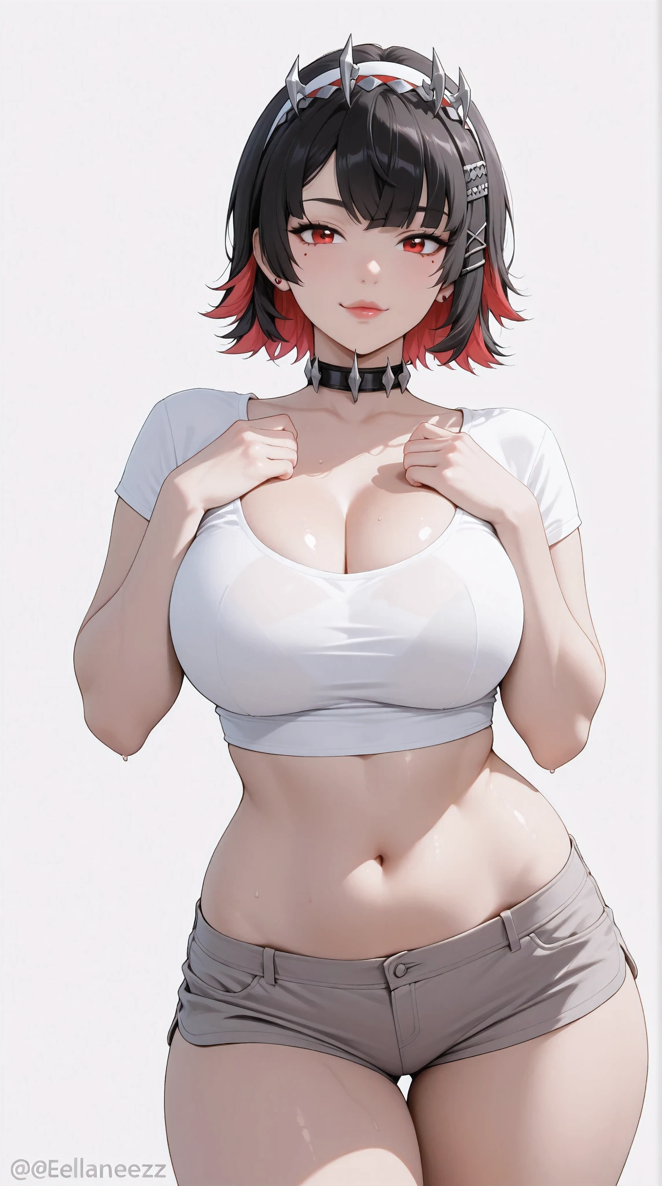 masterpiece, extremely detailed, perfect skin texture, 4k, solo, 1girl, adult,((fullbody)), stand up, ellen joe, sexy legs, perfect body, large breasts, white tshirt, grey shorts, housewife, soft light, high detailed, best quality, midriff, navel, navel line, belly, bare belly, sexy, hot girl, hot woman, big breasts, sexy girl, sexy woman, korean face, beautiful, thick thighs, thigh thighs, upper body, tshirt, crop top, beautiful girl, beautiful woman, hot pose, perfect hands, wide hips, expressive, looking at viewers, front look, sexy pose, photography, white plain background, white background, mature, cleavage, girlish face, red eyes, black hair, short hair, colored inner hair, hairclip, ellenJoeZzz, cowboy shot,((white plain background))