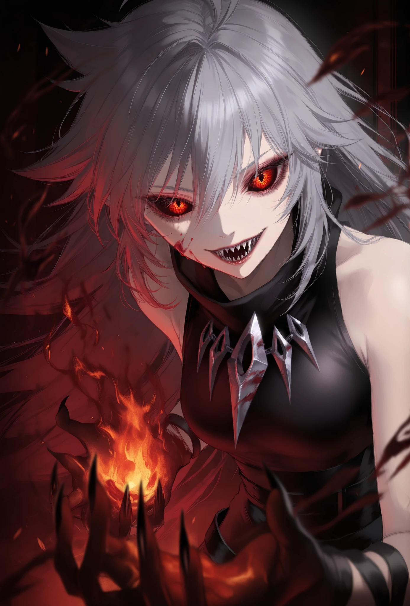 masterpiece, best quality, amazing quality, newest, very aesthetic, 1girl,realsim,realstic,A fiery red demon woman with a body consumed by flames, her features contorted in a perpetual scream of anguish. Despite the sadness in her eyes, they remain empty and devoid of any emotion. Dark shadows envelop her, with blood trickling down her upper body, contrasting against her black, razor-sharp nails. This vivid depiction evokes a sense of horror and despair, capturing the essence of a tormented soul in a haunting painting. The flawless execution and attention to detail make this image a truly captivating work of art.