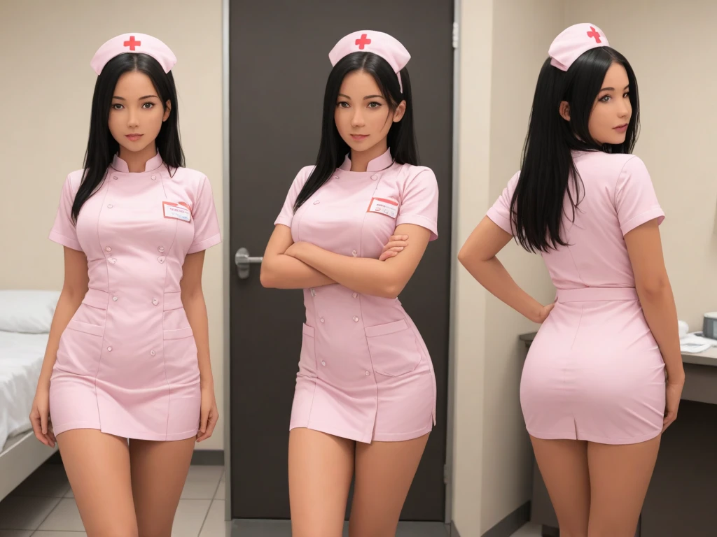 (3 Ultimate Beauty Nurse)、{{{masterpiece}}}, {Oh oh oh, Oh, really:1.2}, best quality, Official Art, Highly detailed CG Unity 8k wallpaper, Very rich facial details、Delicate lips、Delicate eyes、Double eyelids、((Black Bob Hair))、(Nurse:1.3)、(Attractive figure)、(huge)、((Open mouth smile: 1.8, Lovely smile: 1.8)), solo, Short hair details, Energetic smile, blue eyes,With eyes_Tokar, {Beautiful detailed gradient eyes}, Red lips,thigh, thigh, thigh, Perfect fit, Perfect ImageReality, Background and: (Hospital Ward:1.2), Cow Boy Shooting, Detailed background, Detailed clothing, Wearing a nurse hat,Wearing nurse uniform,Perfect lighting、Surreal、(Reality:1.4)、8K maximum resolution, (masterpiece), Very detailed content, professional,