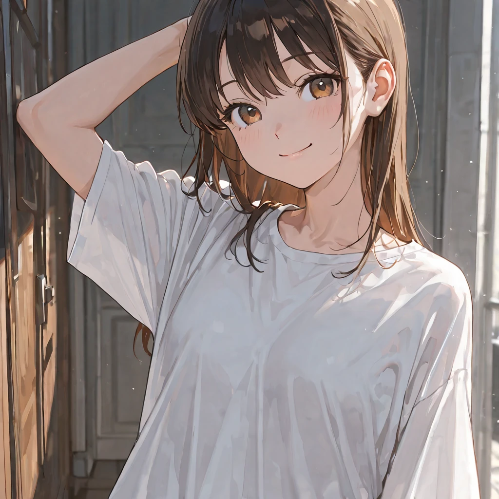 ((Masterpiece)), (Professional Photography:1.2), (High Definition:1.3), portrait shot, best quality, 8K, (from front), ((oversized simply white T-shirt)), cute age girl, super cute face, (pale brown medium hair), silky hair, (flat chest), blush, smile, standing proudly, against the Brick walls background, place both hands on head, hide a short pant, (exposed thigh)