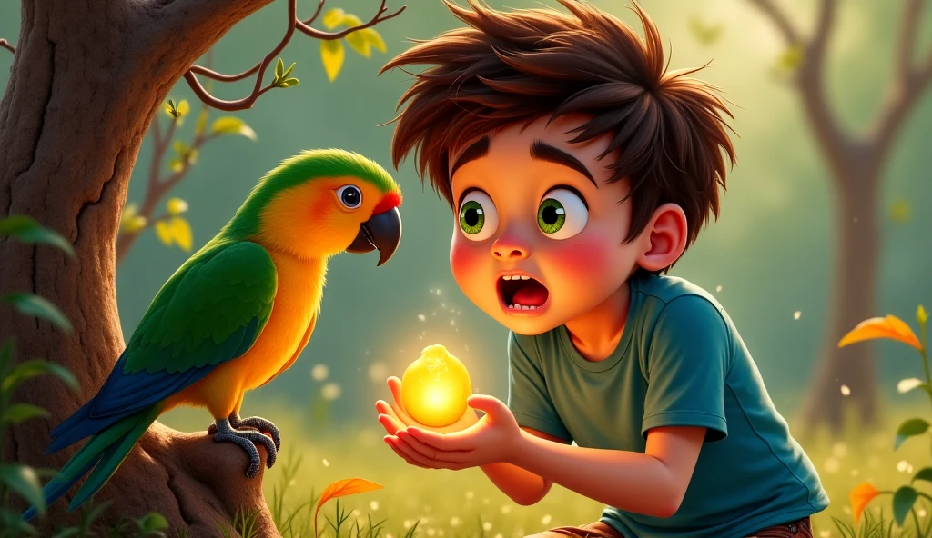 . Then the boy saw the bird and gave it some food. Then the bird ate and gave the boy a golden ring. The boy was very happy to get the gold ring.