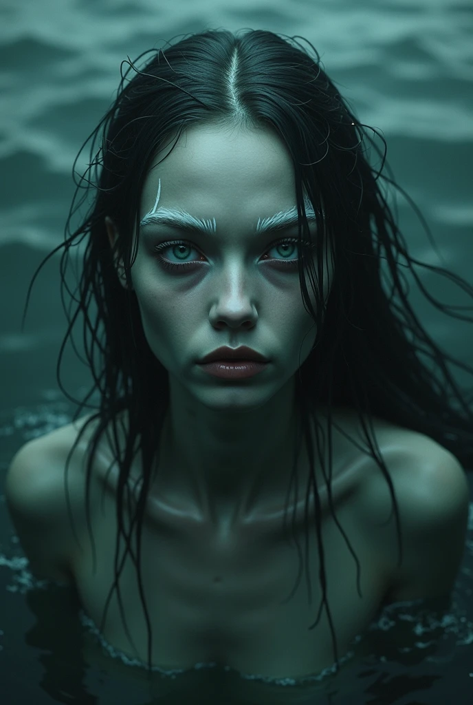 In a dimly lit, mysterious scene, a wispy, aquatic creature with aquamarine skin and sharp, shark-like teeth is observed emerging from the shadows of the ocean's depths. Her flowing black locks frame her ethereal, otherworldly features, as if a water wraith. The image is haunting and evocative, with the ominous, inky eyes staring out, as if beckoning you to venture deeper into the depths.