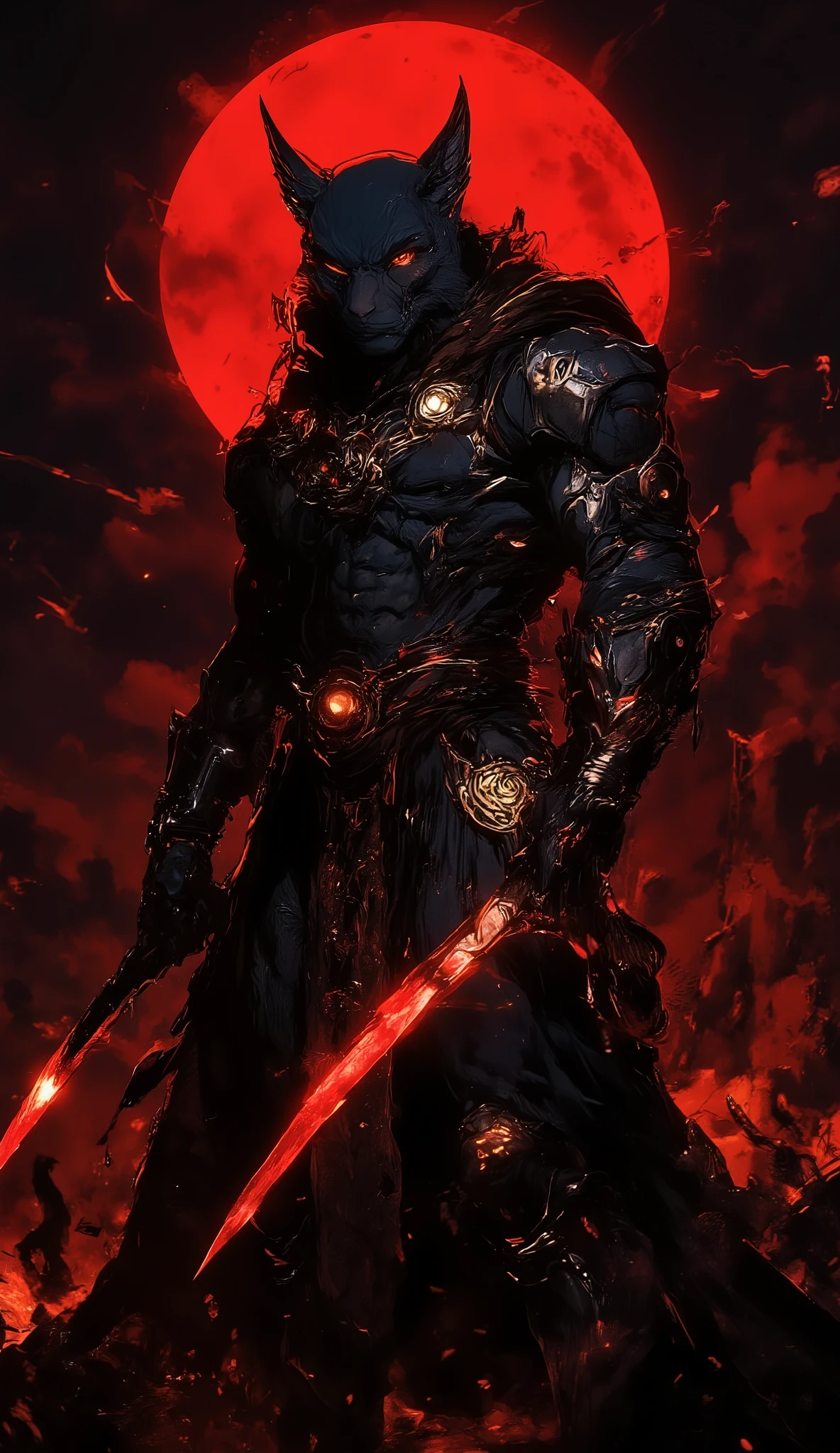 dark fantasy anime, a fierce Dark Cheetah warrior, humanoid feline with sleek black-spotted fur, glowing amber eyes, wearing intricate obsidian armor with mystical runes, sharp claws enhanced with dark energy, wielding twin curved blades radiating a crimson aura – standing on a battlefield under a blood-red moon, tattered cape flowing in the wind, a menacing aura of raw power – hyper-detailed, dramatic lighting, intense and dynamic pose, dark and mystical atmosphere.