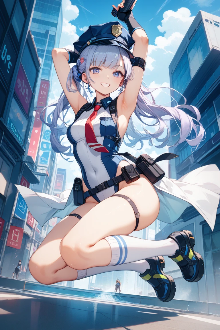 Highest quality、Highest quality、Masterpiece、girl((20-year-old、as soon as、Highest Bust、Medium Bust、Wide open chest、Red glowing eyes、Light Silver Hair、Disheveled Hair、Loincloth、thin、The best valley、Open chest、Full body view、Colorful tank top、Colorful Pants、Smile、Leaning forward greatly))、high quality、Beautiful Art、background((Bright Cities))、flight、Flying Debris、Depth of text、movie、Visual Arts、Perfect Art、8K、Genuine、