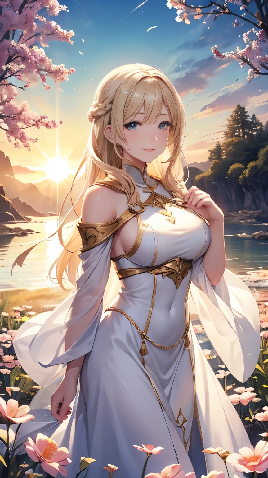 Anime girl in white dress with long blonde hair and green and white dress，nakeness，Anime goddess，Palutna，the goddess artemis smirking，lady palutena，Portrait Chevaliers du Zodiaque Fille，offcial art，（（beautiful fantasy empress）），Goddess Hera looked angry，Blonde anime girl with long hair，ancient goddess，anime visual of a cute girl