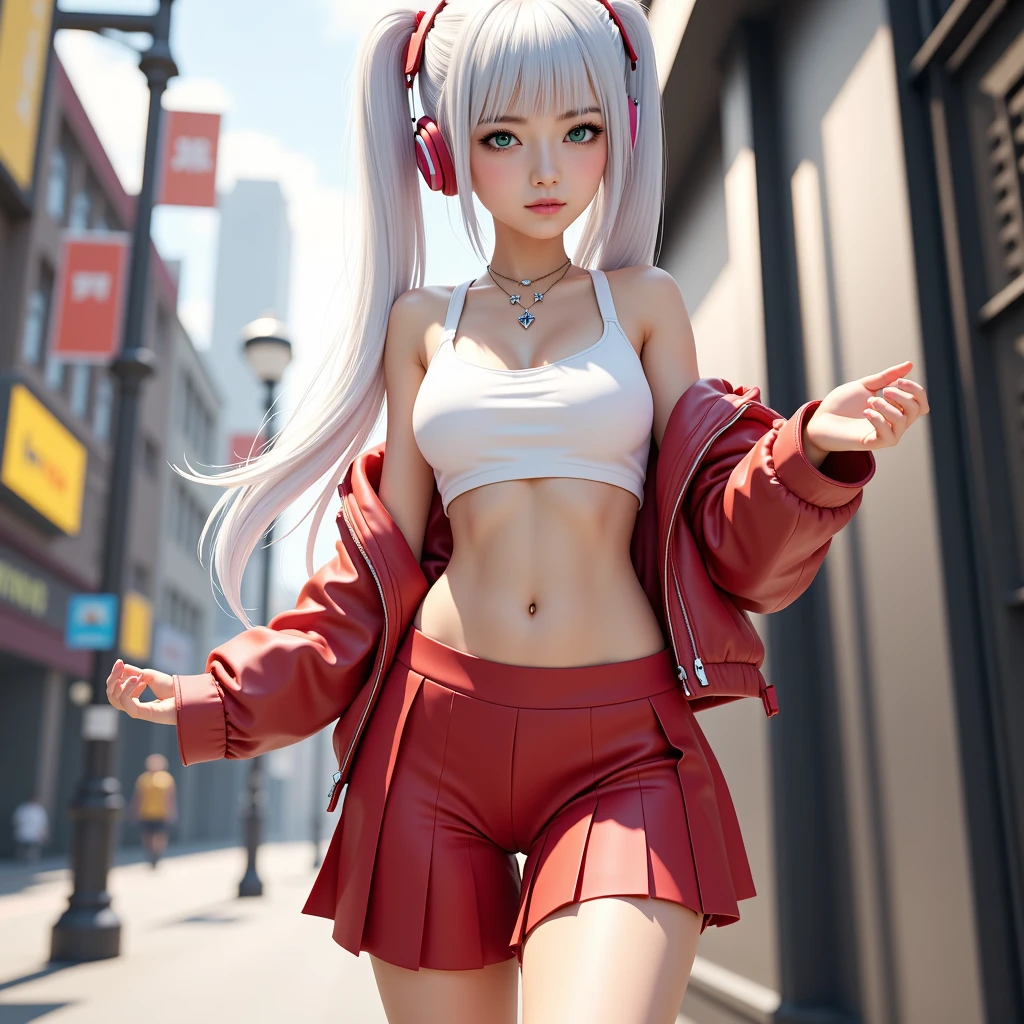 dopamine,Colorful sexy outfits,White bra,Open navel,Bigchest,Slim figure,slenderness,Slender legs,White,dual horsetail,Pink makeup,largeeyes,Blushlush,Sexy body