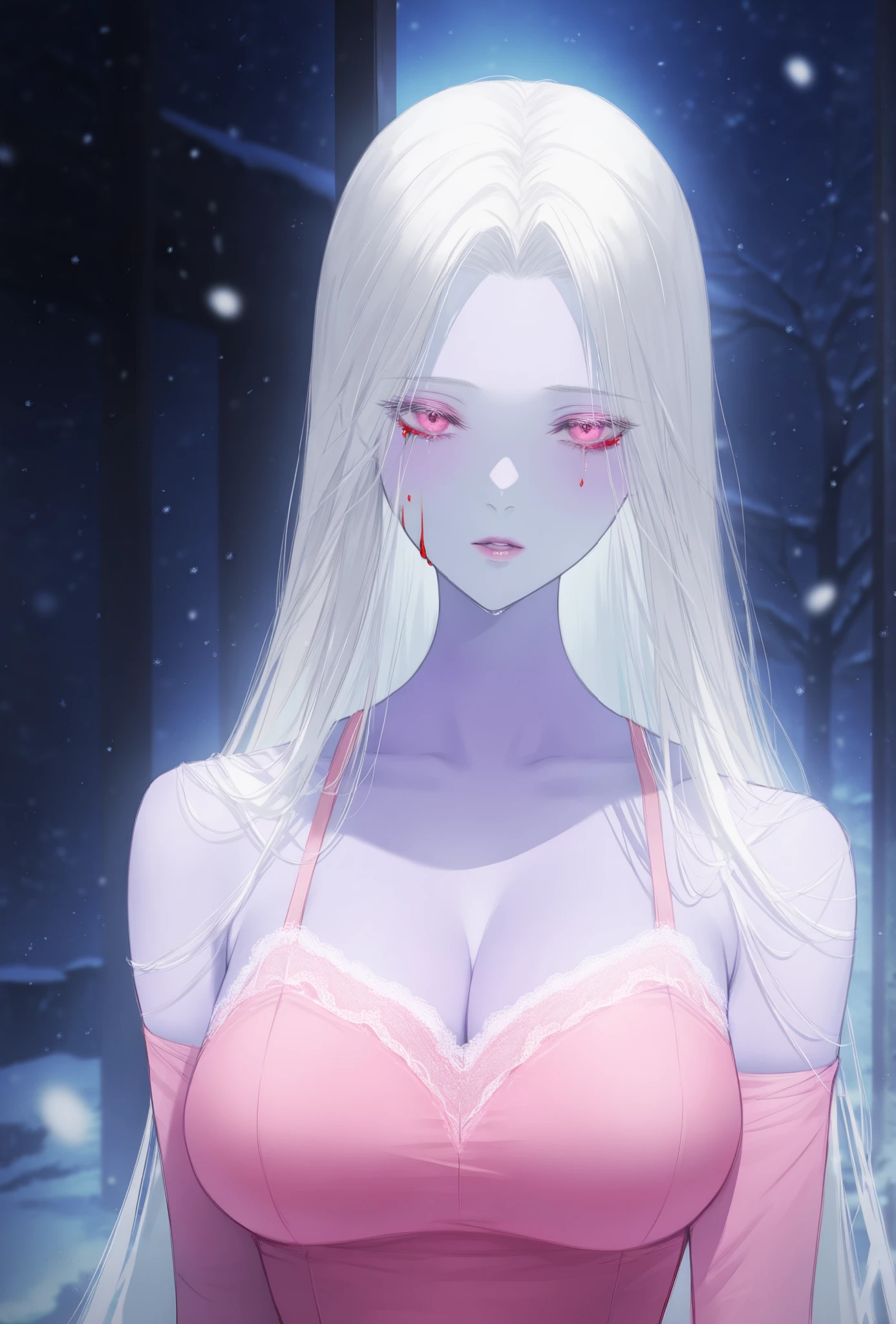 masterpiece, best quality, amazing quality, newest, very aesthetic, 1girl,realsim,realstic,Amidst the end of a snowy night, a demonic woman adorned in a dress of covered body drifts softly, her sad features accentuated by bloody tears. Her devilish appearance is contrasted by her soft lips, violet skin, white long hair, and pink eyes. This haunting portrait, possibly a painting, combines elements of darkness and beauty, showcasing the woman's melancholic yet alluring presence. The high-quality image expertly captures the eerie allure of the subject, inviting viewers to delve into her mysterious world.