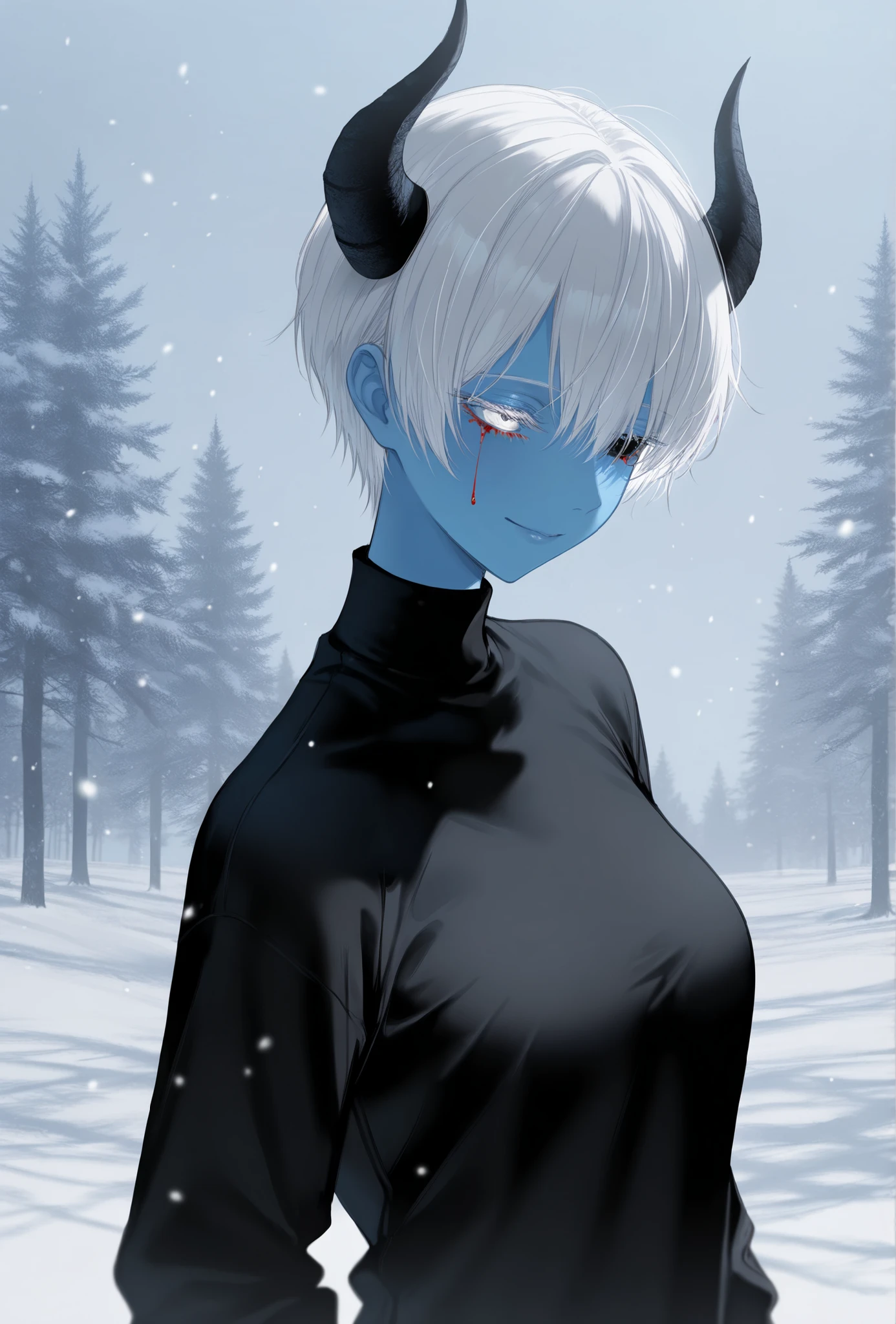masterpiece, best quality, amazing quality, newest, very aesthetic, 1girl,realsim,realstic,demonic woman,white short hair,white eyes,blue skin,black devil horns,sleepy eyes,sad features,black shirt,covered body,bloody tears dripping from her eyes,smile,snow background,upper body
