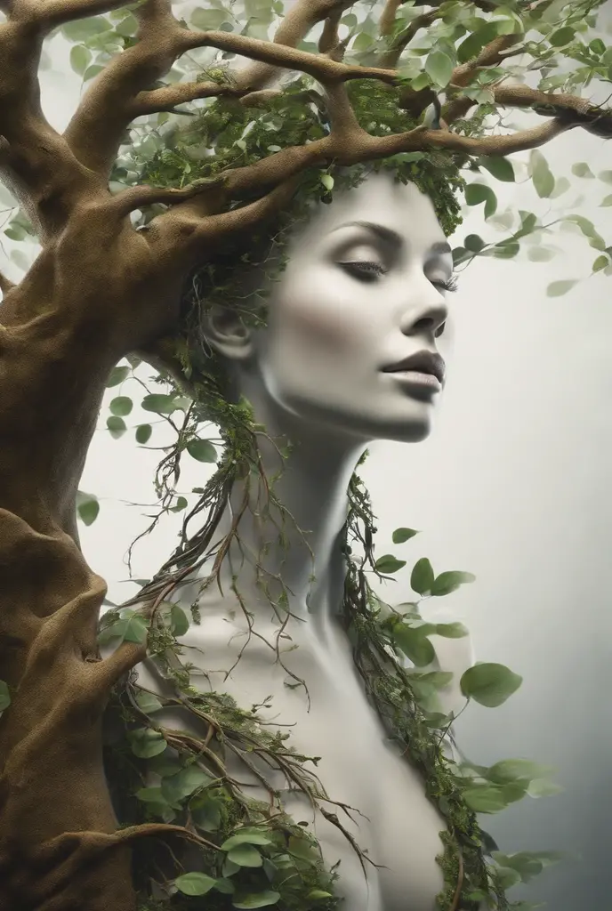 close up, Arbomorph A hug of woman face turn into a leafy tree, with roots as legs, branches like arms, some leaves fly on a white background,