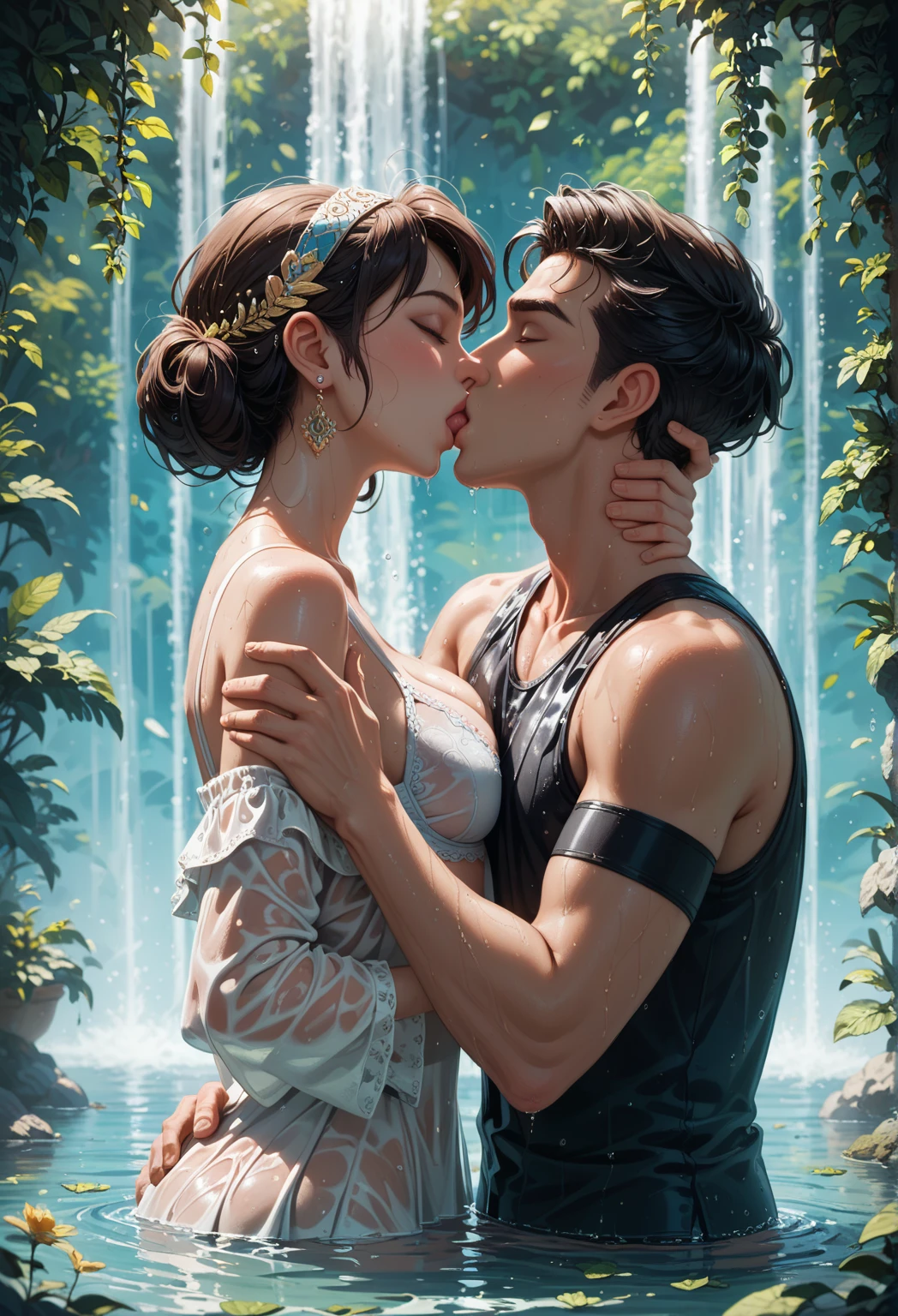 top-quality, masterpiece, full body shot, Male and female couple, Girl standing in a waterfall, completely naked, (((naked, nsfw, bare skin))), long flowing black hair in waves, gold jewelry, necklace, earrings, Boy hugging girl tightly from behind, boy has crew cut hair, Without glasses、Revenge relationship, highly erotic, orgasmic expression, foreplay, squeezing breasts, fondling, sweating, aftersex