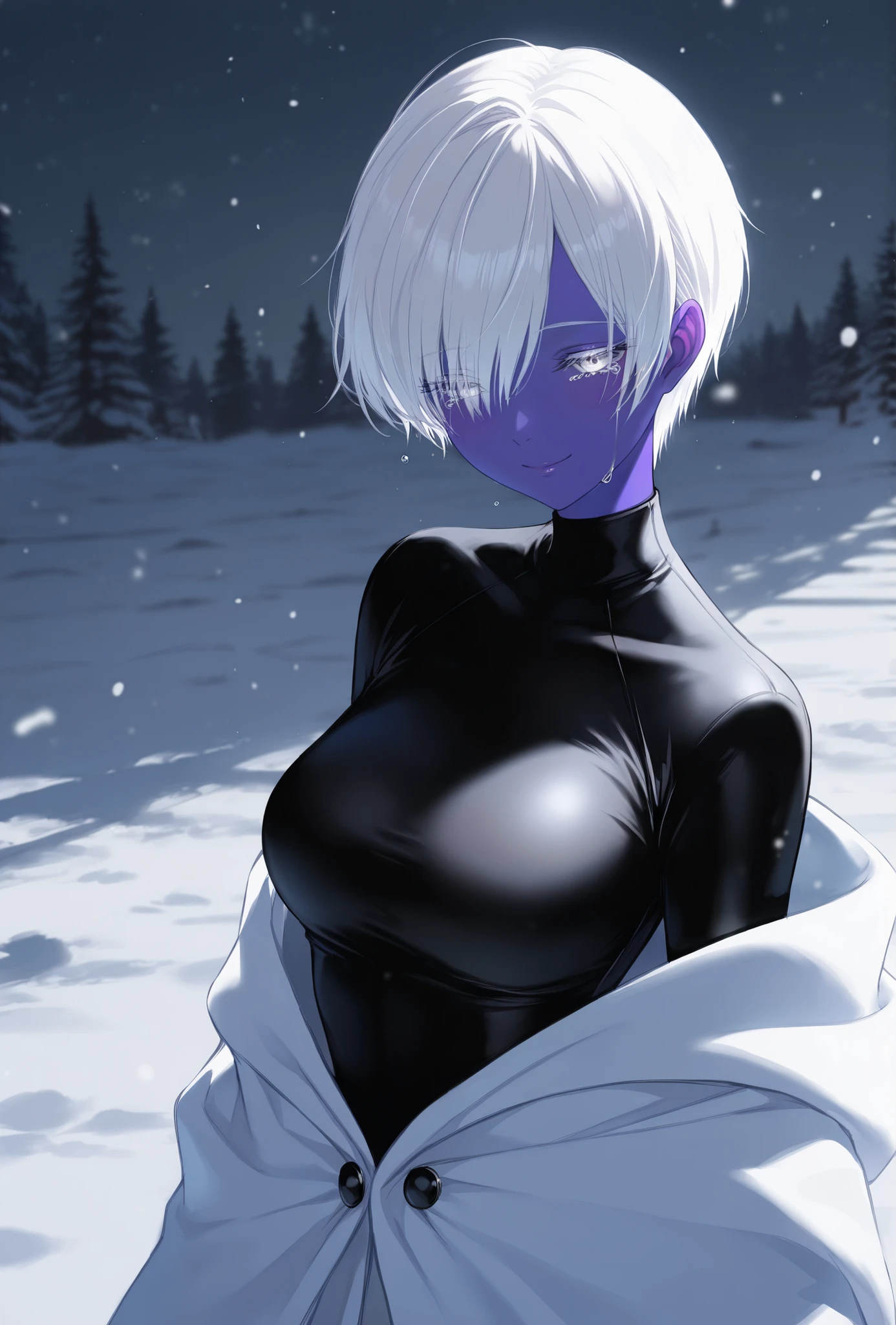 masterpiece, best quality, amazing quality, newest, very aesthetic, 1girl,realsim,realstic,demonic woman,white short hair,white eyes,violet skin,sleepy eyes,sad features,black shirt,covered body,tears dripping fron her eyes,smile,snow background