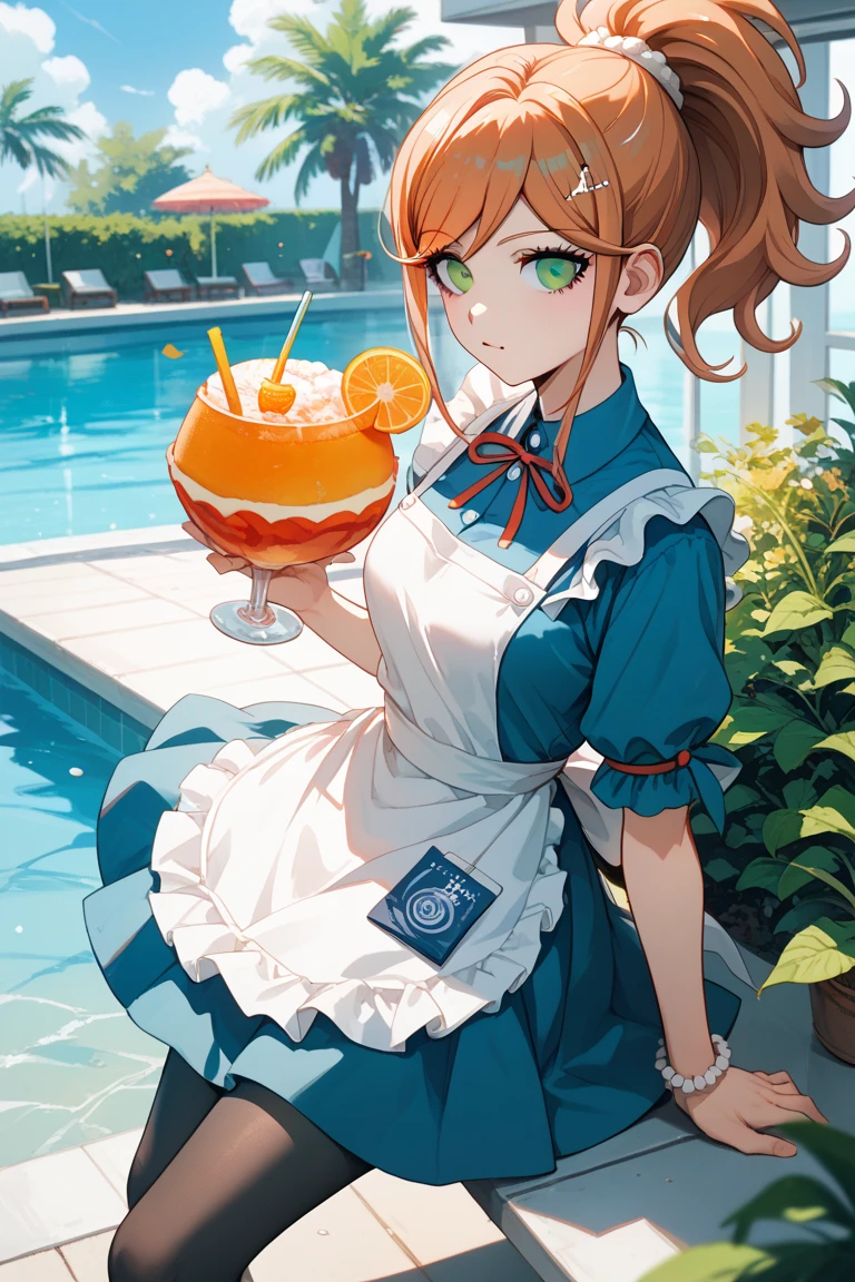 (1girl, Japanese Anime WAIFU style Cute girl), full-length, wearing colorful stripe micro-bikini with a lot of Ruffles, (serving at a trendy cafe at the pool of a luxury resort hotel on the plateau, carry trays with tropical drinks and snacks), masterpiece, top quality, 8K, wide-angle view, full-length, landscape
