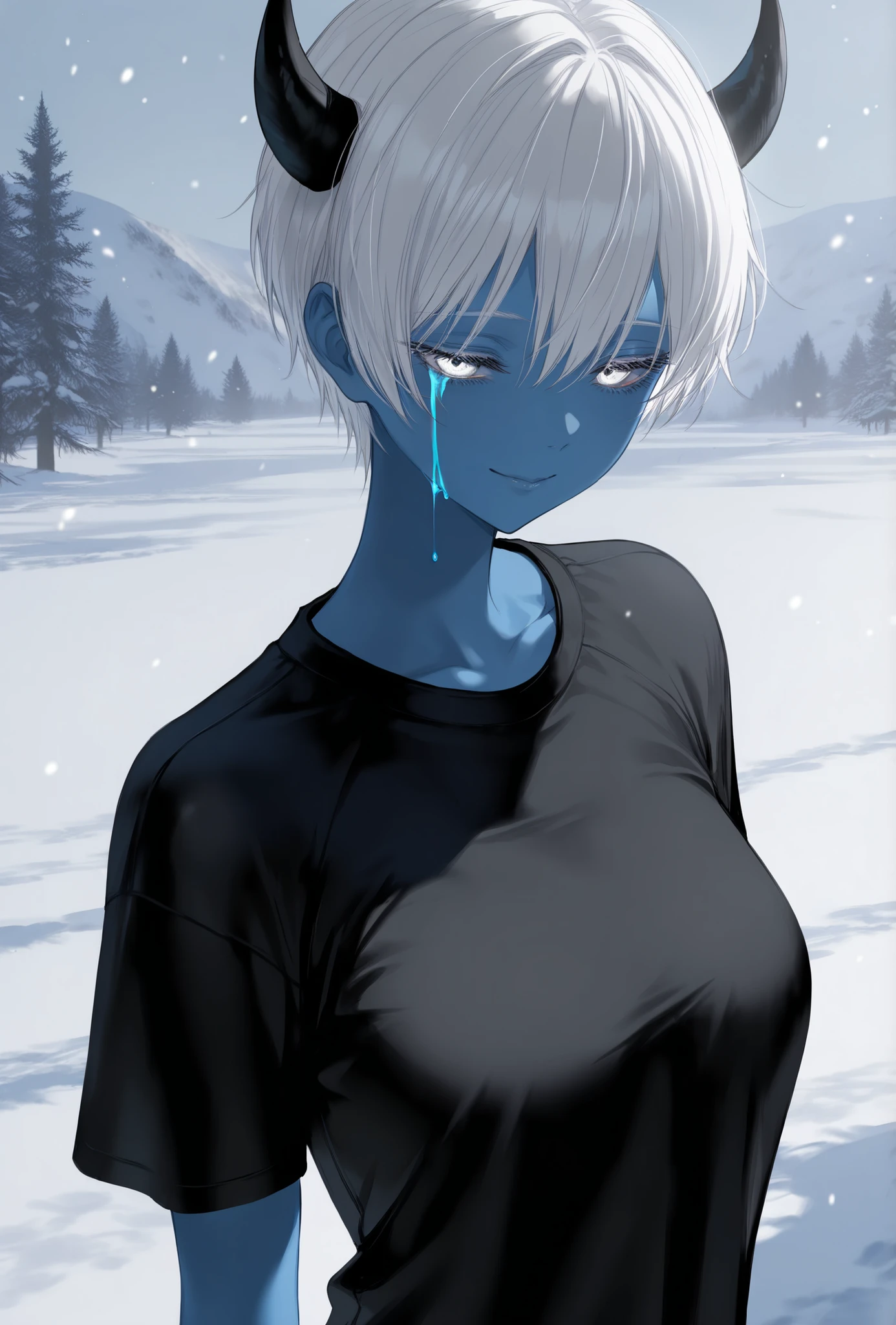 masterpiece, best quality, amazing quality, newest, very aesthetic, 1girl,realsim,realstic,demonic woman,white short hair,white eyes,blue skin,black devil horns,sleepy eyes,sad features,black shirt,covered body,bloody tears dripping from her eyes,smile,snow background,upper body
