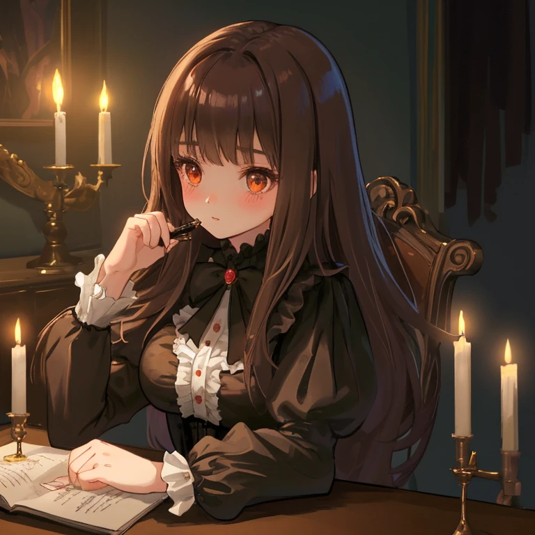 1girl,dalian, black_hair,flat chest,black dress,sitting, <lora:DalianAnimeV1:0.9>,library, book,light smile, dantalian no shoka,