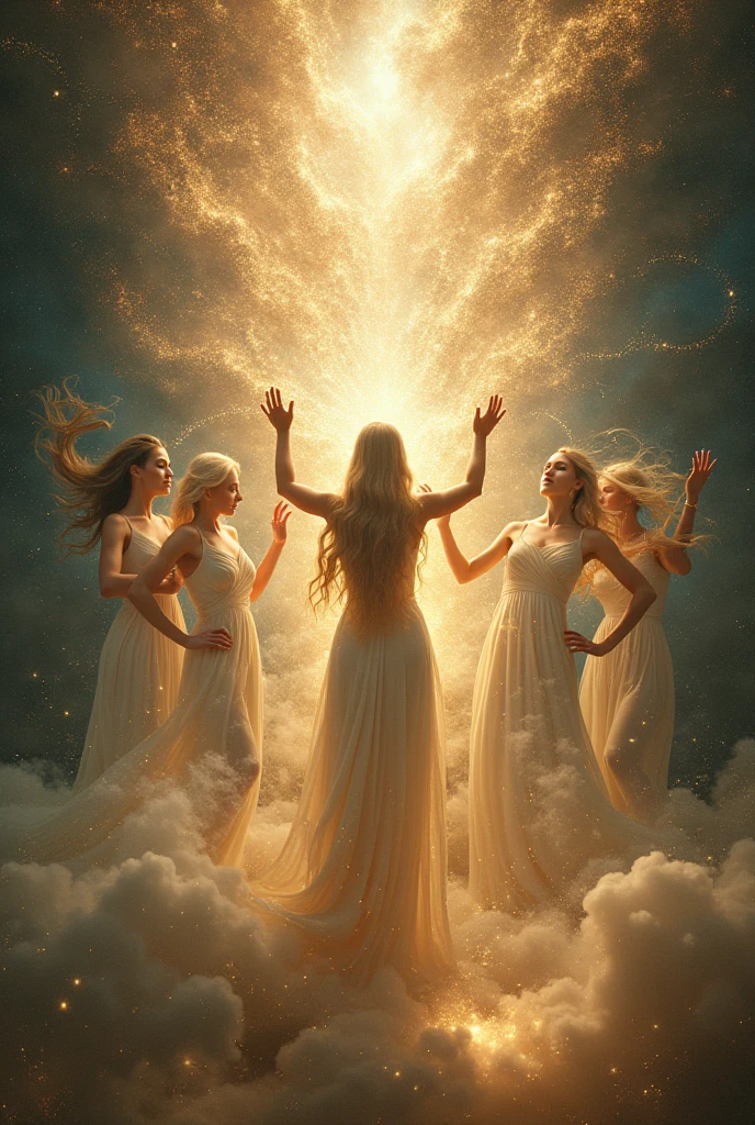 Seven very beautiful goddesses, Electriione, the sun goddess, Selene, the Moon Goddess, Hestia, Goddess of Fire, Thetis, Goddess of Water, Artemis, the tree goddess, Golden Goddess Venus, Gaia, the Earth Goddess, whole body