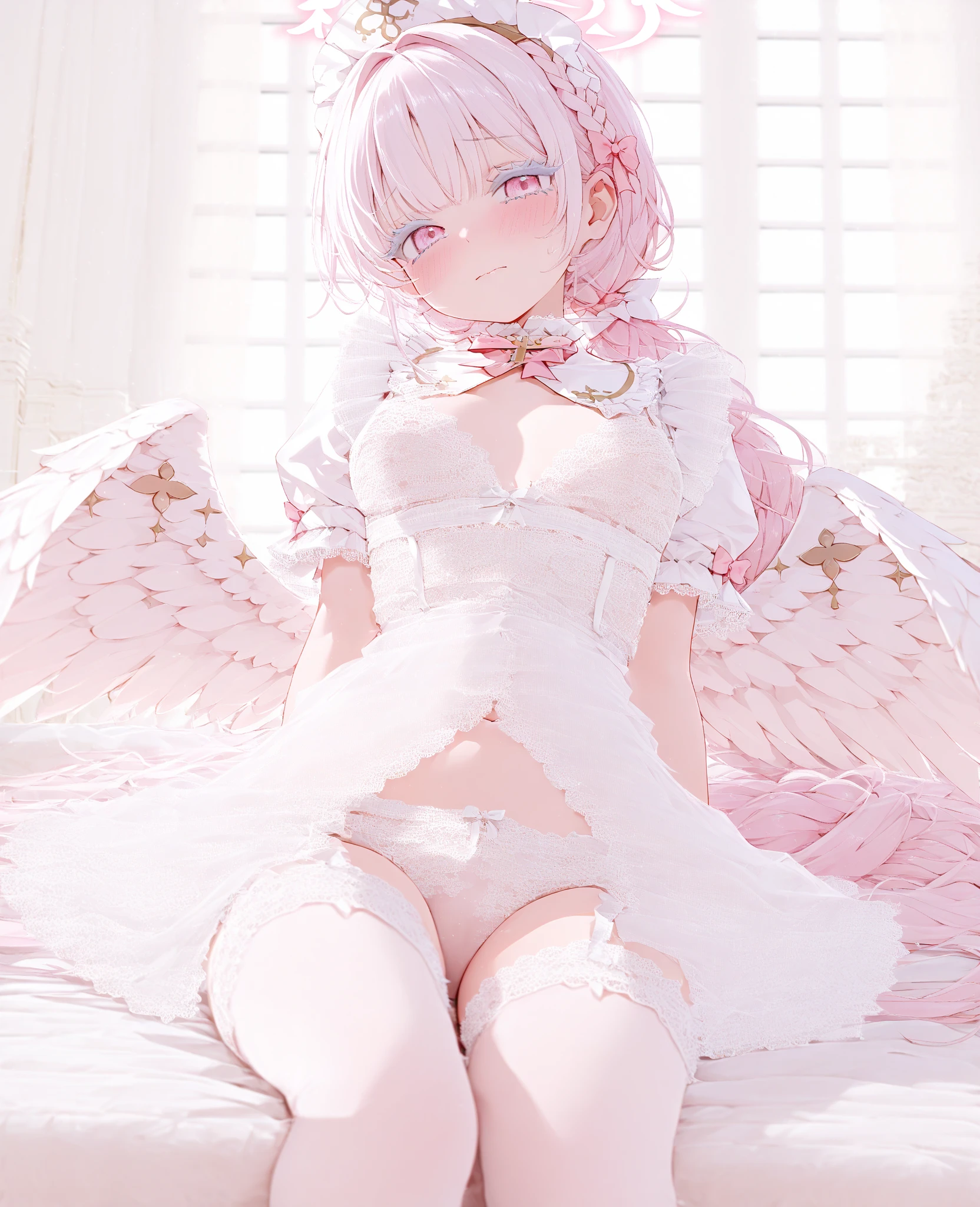 (8K, Best quality, tmasterpiece:1.2),(Best quality:1.0), (超高分辨率:1.0)White wings,white stockings,Pink top,whaite hair,White skin,jade foot,Cover your chest with your hands,schoolgirls --auto