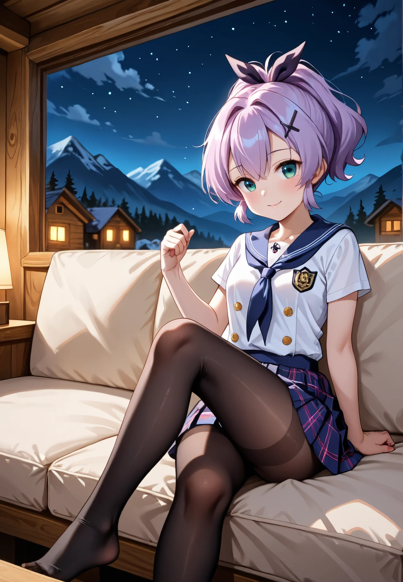 1girl, solo, Javelin, Azur Lane, young, purple hair, uniform, sitting on a couch, sexy pose, alluring atmosphere, mountain cabin, night time, beautiful lighting and shadows,