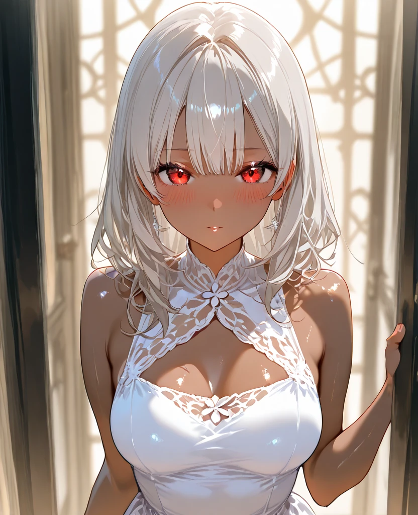 Anime woman, tall, white dress, white hair, red eyes, ominous smile, devious expression, mature
