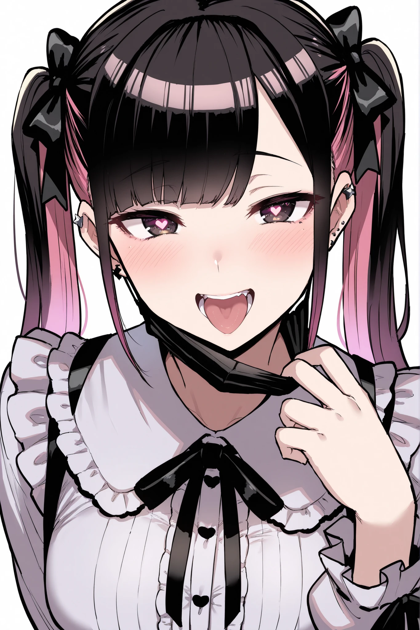 score 9, score 8 up, score 7 up, ultra-detailed, (best quality, (((masterpiece))), ultra detailed, ultra high res, absurdres, high-resolution, highest quality, very aesthetic, textile shading), source anime, (detailed eyes), (detailed face), nsfw, unsensored, simple background, white background, BREAK, (miyamoto issa), (jirai kei), black hair, pink hair, multicolored hair, twintails,hair bow, mouth mask, black mask, heart-shaped pupils, mask pull, open mouth, naughty face,