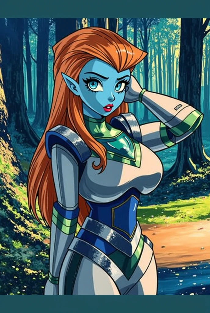 (masterpiece, best quality:1.1), (miranova:1.05), 1girl, solo, spacesuit, blue skin, looking back, outdoors, valley, gorge, tree, scenery, sky, grass, dirt road, peaceful