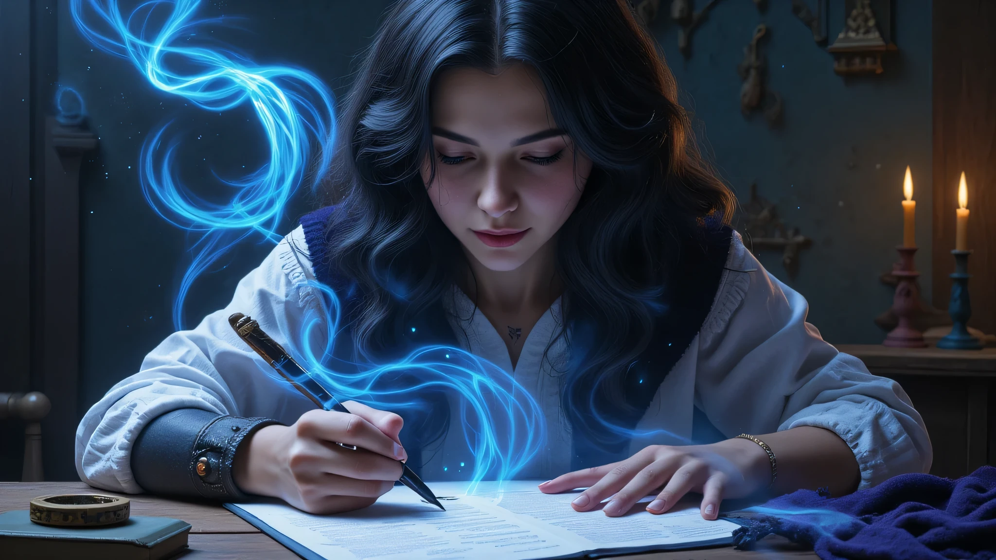image in which a fantasy writer has ink flowing through his veins like vital blood, Which he uses to write with emotion and magic all around, The fire of creativity.