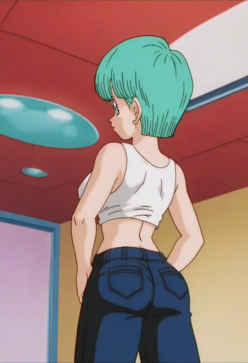 Bulma showing off her big ass wearing light blue pants,(back pose), mostrando o bumbum,