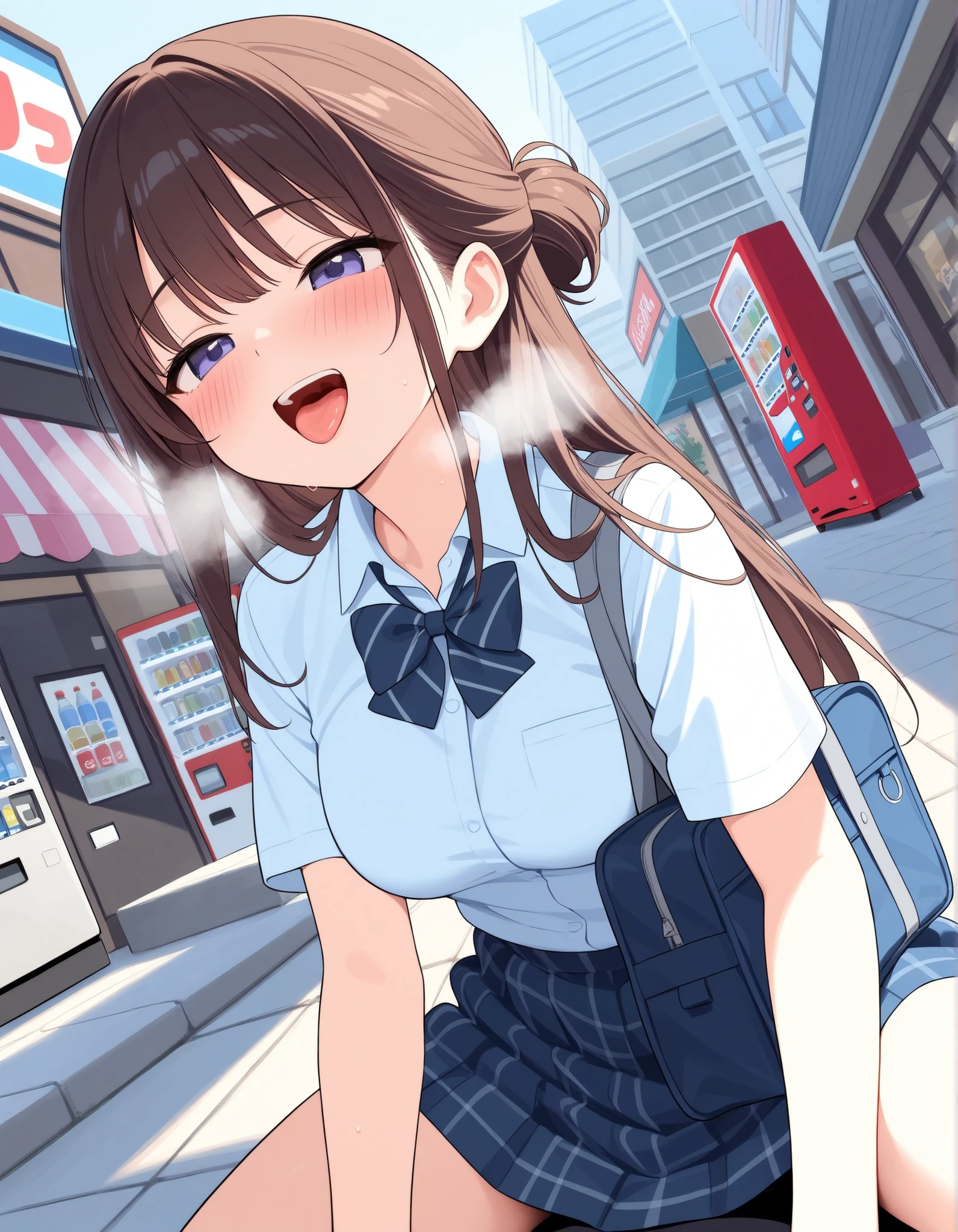 shame smiling, school bag, medium breasts, uniform, moist breath, on the sidewalk, shops, buildings, updo long hair, vending machine, open mouth, tongue, blush, angle from below, straddling on a stone block,