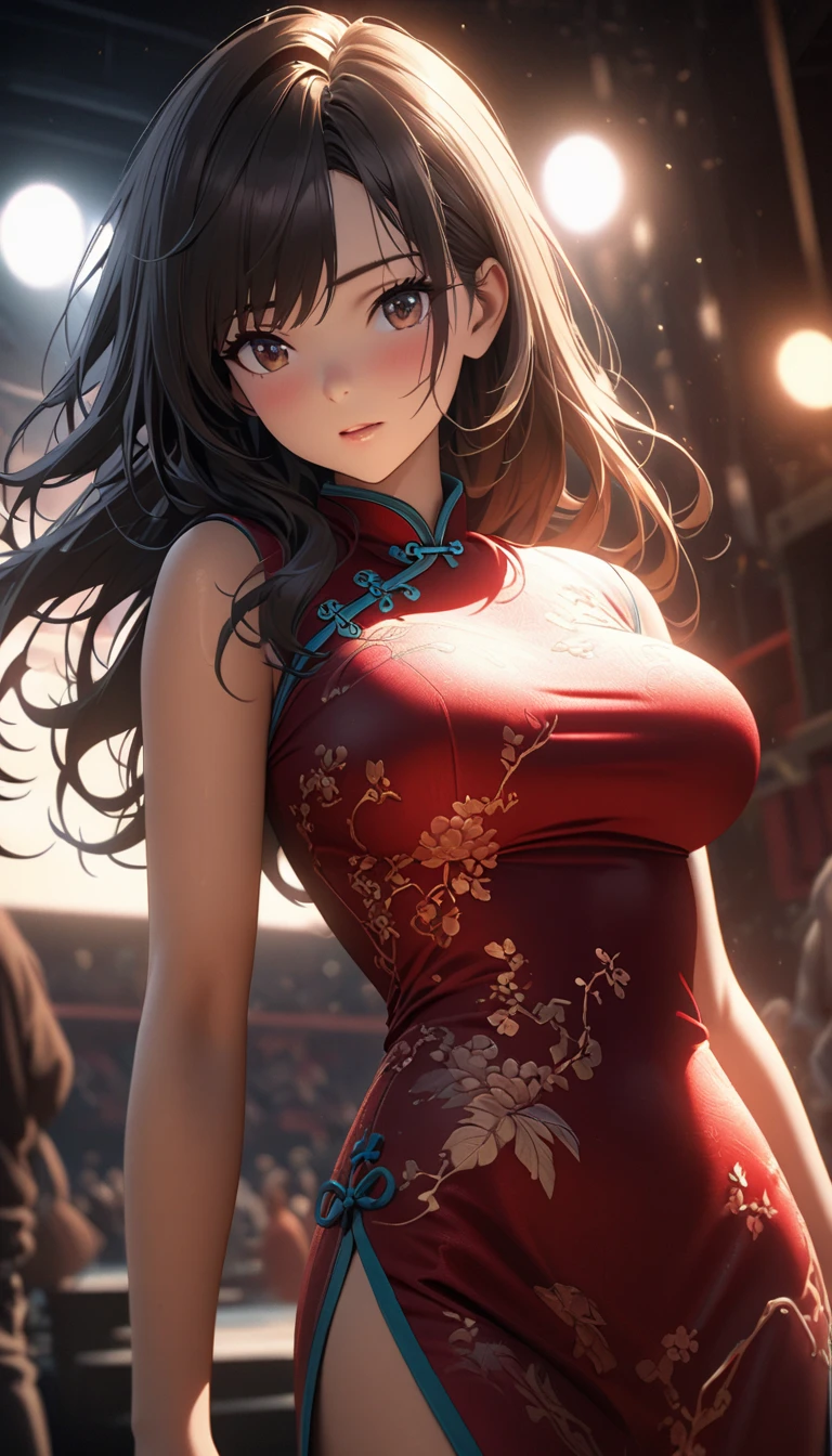 Cheongsam girl,Long hair,stage,Depth of Field,Low angle view,Calf horizontal view,Overclocking Renderer,light,Ultrafine,Ultra Detailed,complicated,Viewing angle,CG art,