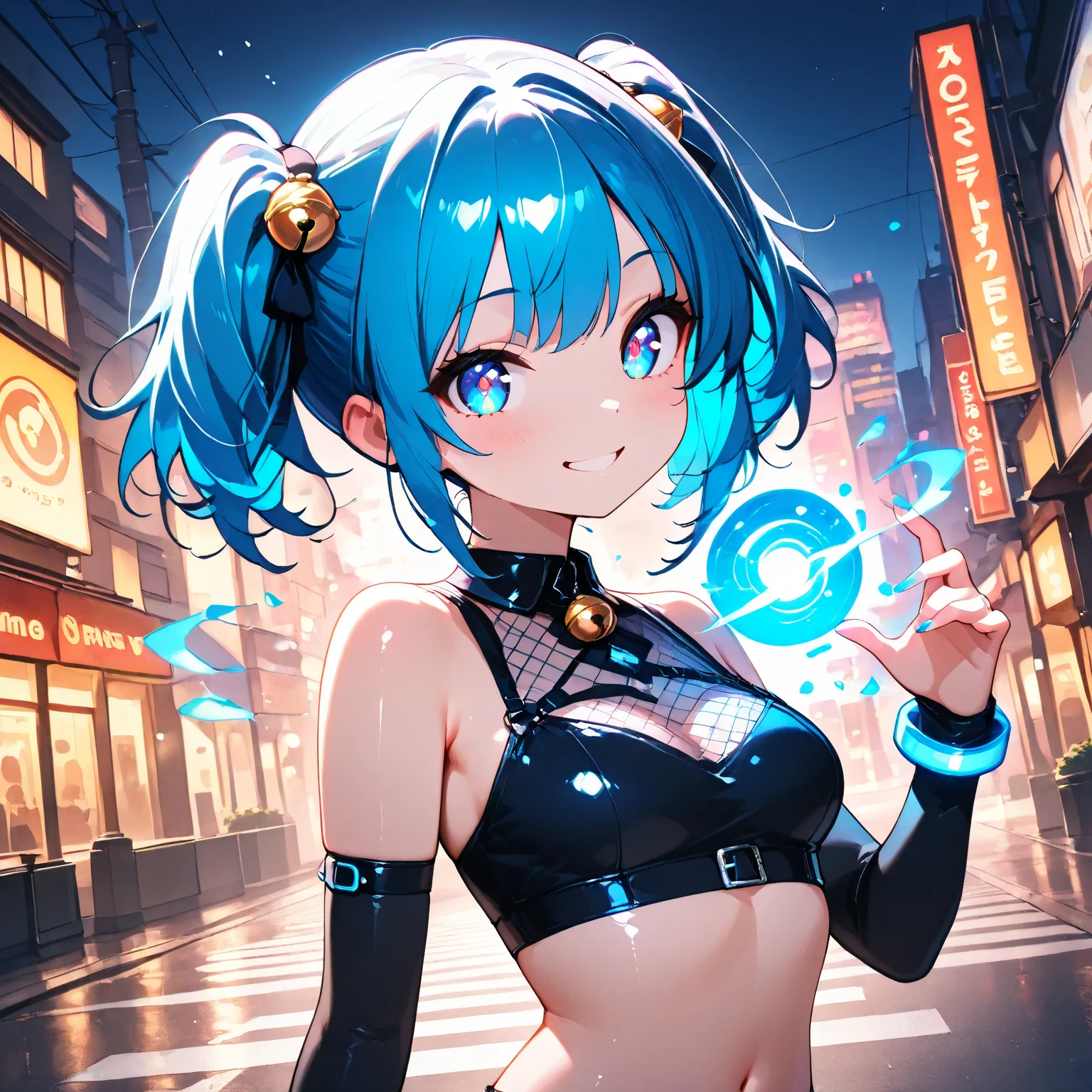magic circle,wizard,magician、cyberpunked：Futuristic cityscape on night background with bright lights and bright moonlight、(masutepiece:1.3), (8K, Photorealistic, Raw photo, Best Quality: 1.4), Beautiful face, (Realistic face), Beautiful detailed eyes, (Realistic skin), Attractive, Intricate details,Golden ratio,  1 girl,Naughty smile, (rainbow hair:1.4),((Long twintails,Ribbon 1.4)),(Blue Butterfly Hair Ornament 1.3),Dynamic Pose,Dynamic Angle,Intricate details, Hyper realistic、only face、A smile、Smiling、Face enhancement、Luz Divina、Deities、Heaven、rainbows
