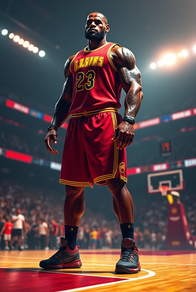 A giant representation of Lebron James, showcasing his powerful and bulging biceps, depicted in a detailed and hyper-realistic manner, wearing a tight and sleek leather jacket. The image exudes an intense and dynamic energy, with a focus on the deep textures and intricate details of the athlete's muscles, creating an almost three-dimensional effect. The contrast between the bright lights illuminating Lebron's toned body and the shadowy background adds to the cinematic atmosphere, making for a top-quality, official masterpiece in 8K resolution.