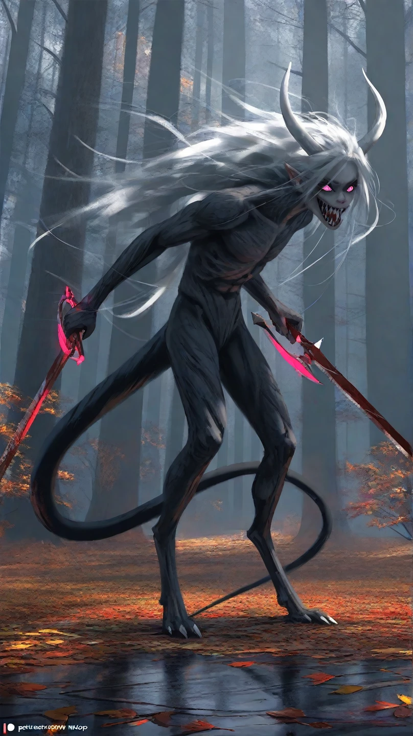 artist:wlop, A humanoid male monster with a humanoid orc like face, Gangly long limbs, lean, pale gray skin, two white horns on the head, sharp teeth, bright pink eyes, white hair on the head, messy hair, very long sharp black nails, very agile build, long limbs, thin body type, monster, super detailed, best quality, super detailed, 2.5 meters tall, humanoid appearance, hunched posture, standing on two legs, thin body, very agile body, long smooth tail, prehensile tail, feral, holding steel swords in hand, gray steel sword, bloody sword, forest background, tall trees, big trees, gray and brown colored forest, leaves on the ground, misty air, foggy, foggy surroundings