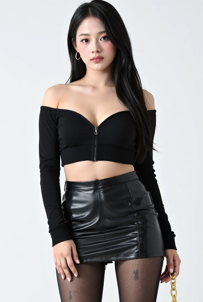 1girls, Nur, green Hair , 24 years old , She is posing in a black leather mini skirt, a white crop top, black high-heeled shoes, a black belt bag, silver earrings, and bracelet, standing with the skirt and high-heeled shoes, with her hair styled in a messy, natural wavy look and swept to the side.