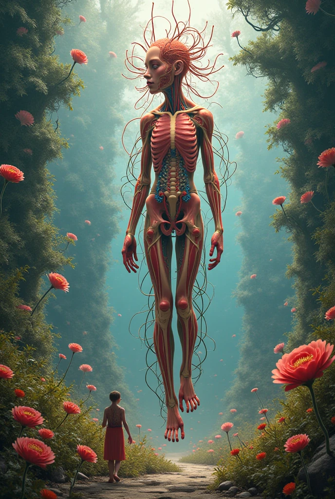 full body,grey background,(broken face:1.2),((white and red)),dissect,skeleton, skin,bone,rib,growth,leaf,tree branch on head,branch, fractal,DNA,spiral,butterfly,branch arm,branch legs