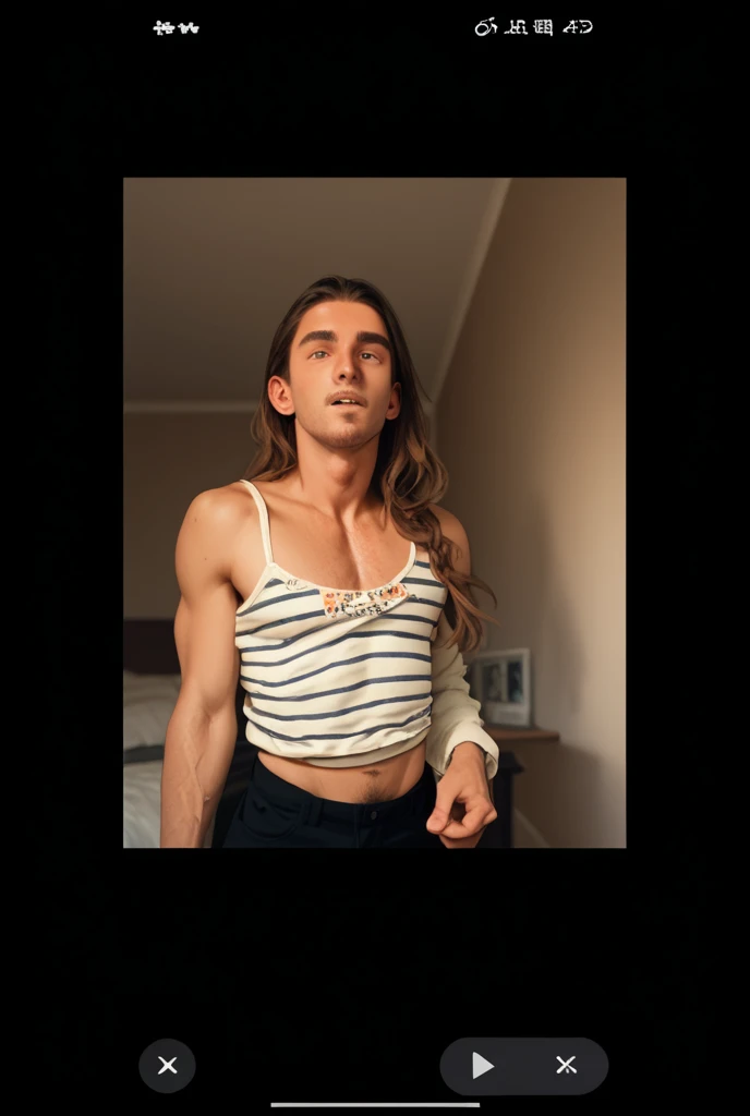 Light skin biracial man with golden blond long hair and light brown eyes with abs in underwear