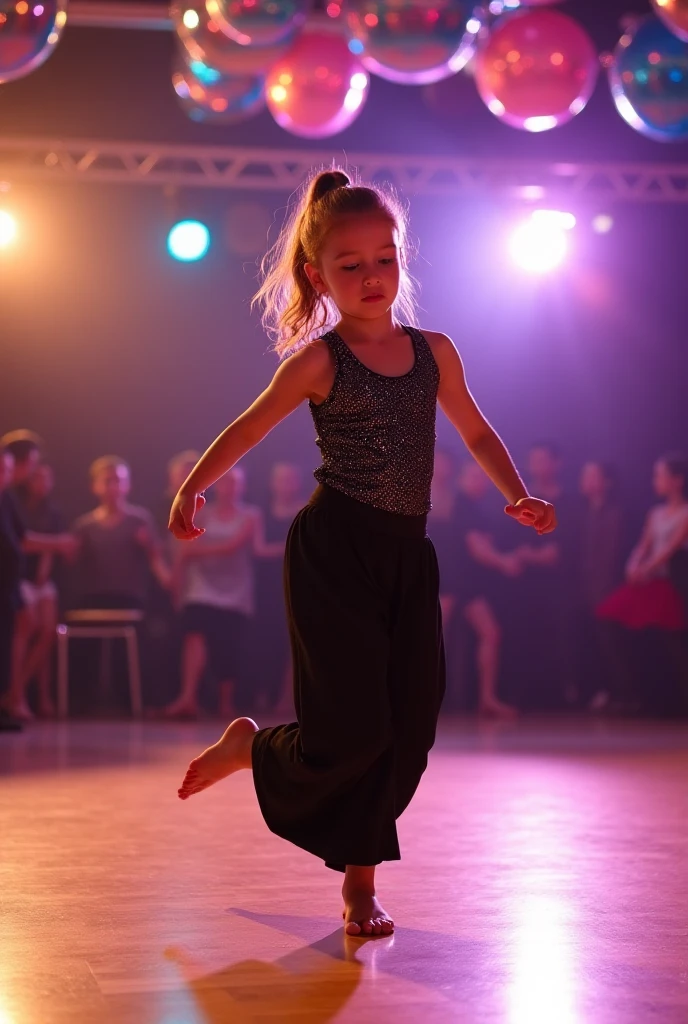 ((best quality)), ((masterpiece)), (detailed), perfect face, Realistic image of a 14 year old Mexican girl taking salsa or bachata classes in a dance studio, smiling, dancing, diversion, vivid colors, editorial image, whole body, well lit, black yoga pants, logoless t-shirt, (cowboy_shot), frontal shot,