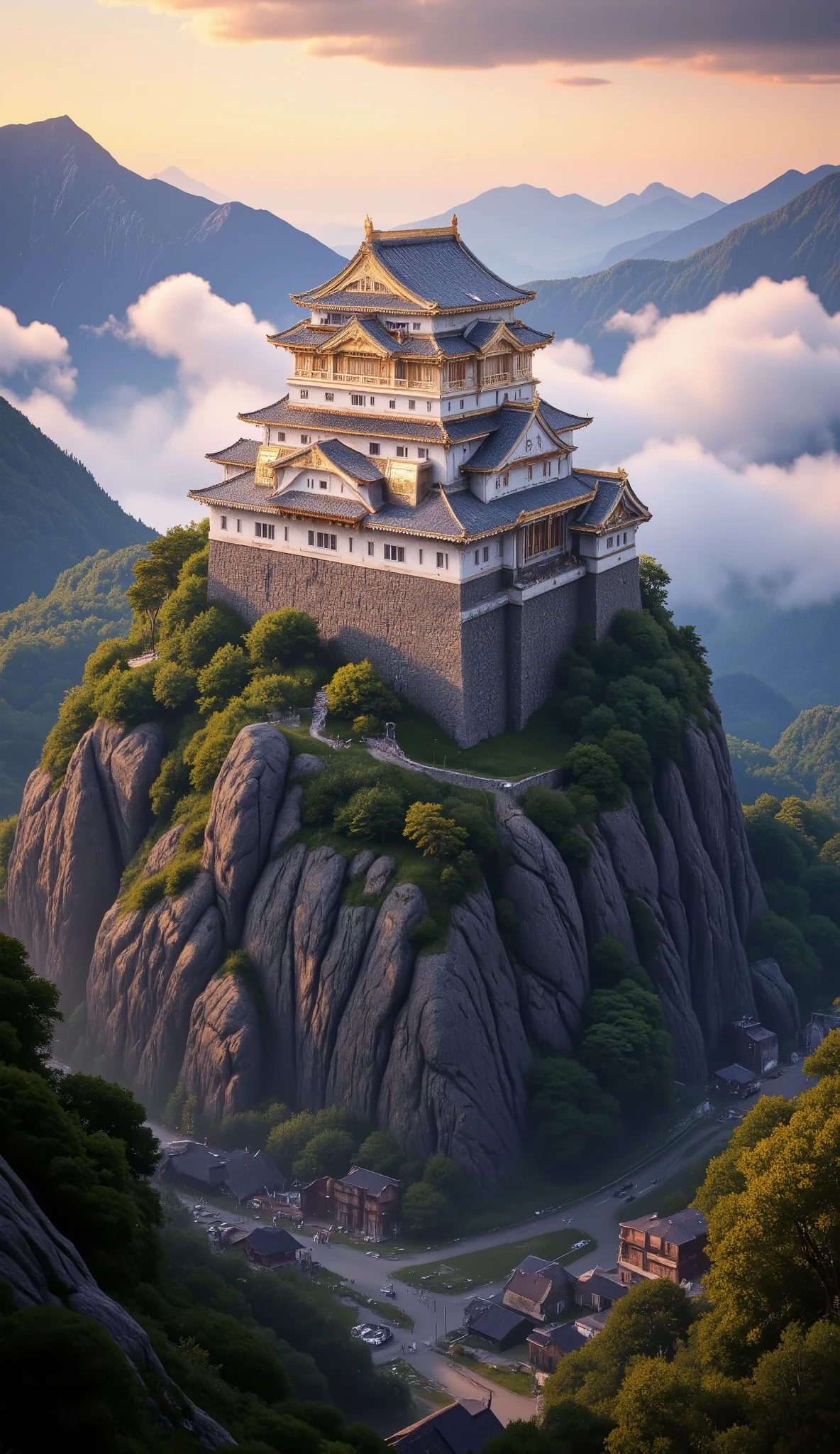 high resolution images、(Mountainの上の日本の城)Mountain々Castle architecture 、pictures of Takeda Castle in Harima、picturesque background、Digital image 、Ancient castle shining in high resolution background、 Dreamy Castle 、非常に詳細なDigital image 、HIGH RESOLUTION DIGITAL PAINT、Castle town scenery below。
