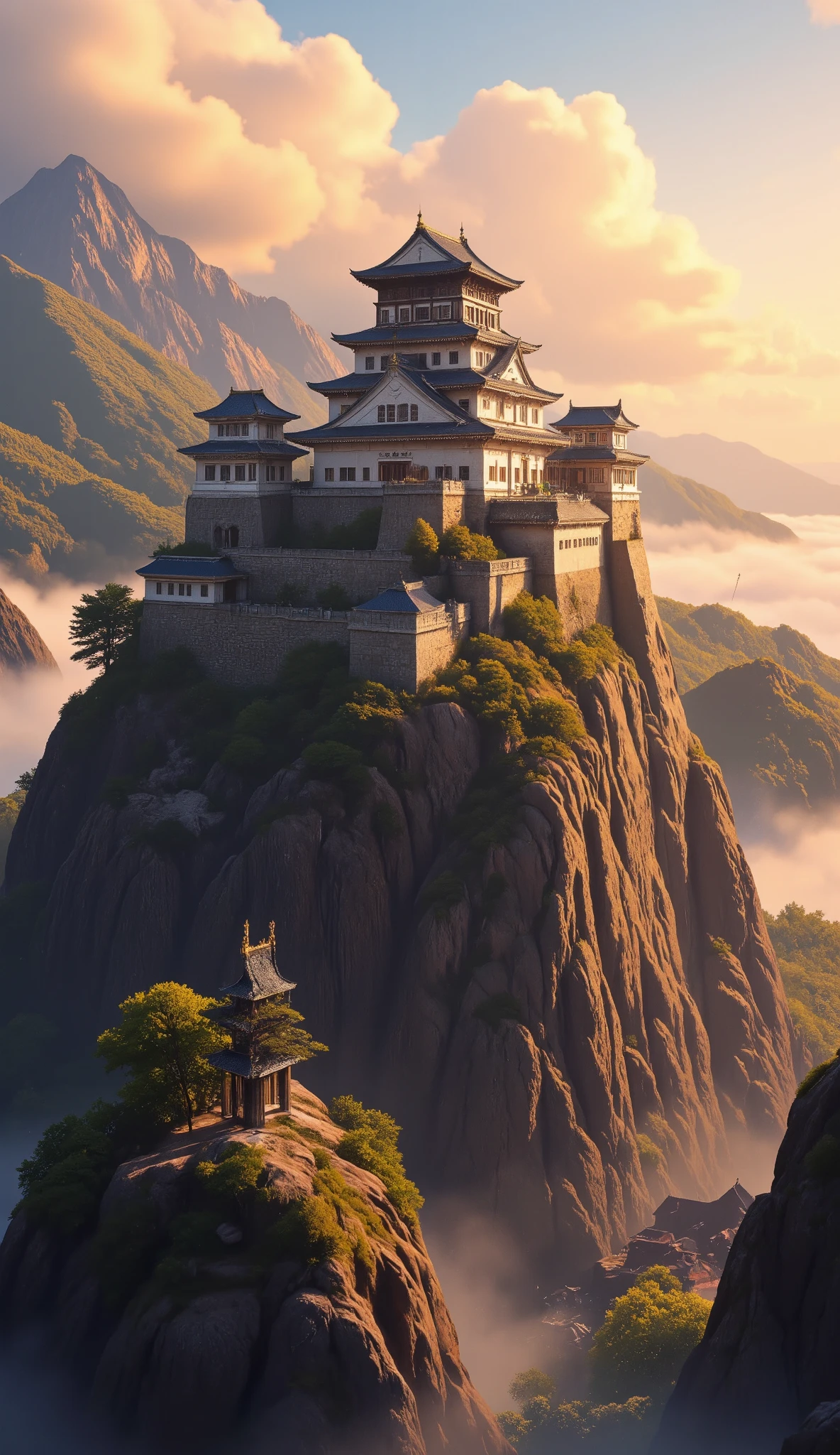 high resolution images、(Mountainの上の日本の城)Mountain々Castle architecture 、pictures of Takeda Castle in Harima、picturesque background、Digital image 、Ancient castle shining in high resolution background、  Dreamy Castle  、非常に詳細なDigital image 、HIGH RESOLUTION DIGITAL PAINT、Castle town scenery below。