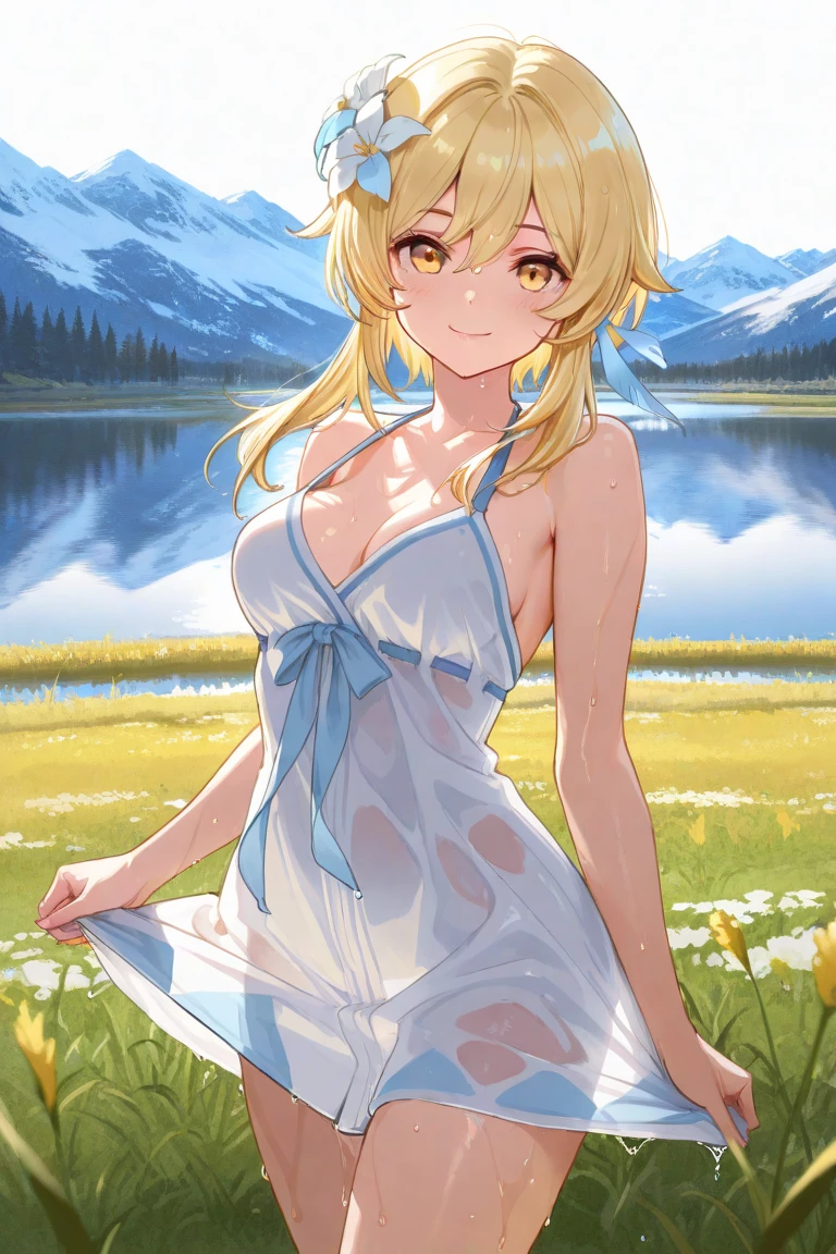anatomically correct,masterpiece, highest quality, 1 girl, looking at the viewer, blue eyes, closed mouth, (Urgent 1:0.7) ,blonde、(masterpiece),(highest quality:1.0), (ultra high resolution:1.0), Detail view, 8K, anime, masterpiece、provocative look Fair skin very fine eyes、upper thigh、Highest quality detailed eye, ,sunny meadow background、Detailed、naked、from bilow
