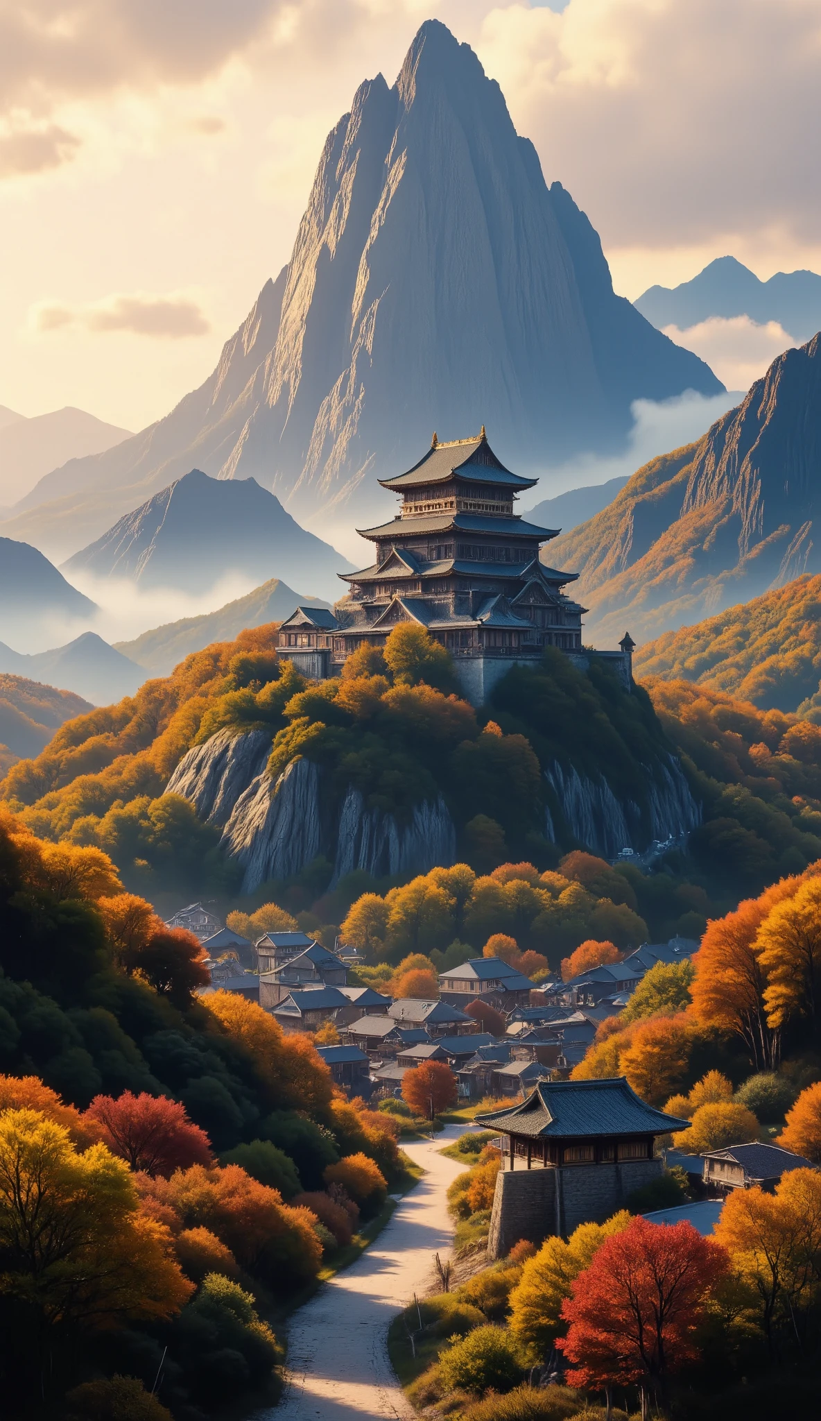 high resolution images、(Mountainの上の日本の城)Mountain々Castle architecture 、pictures of Takeda Castle in Harima、picturesque background、Digital image 、Ancient castle shining in high resolution background、 Dreamy Castle 、非常に詳細なDigital image 、HIGH RESOLUTION DIGITAL PAINT、Castle town scenery below。