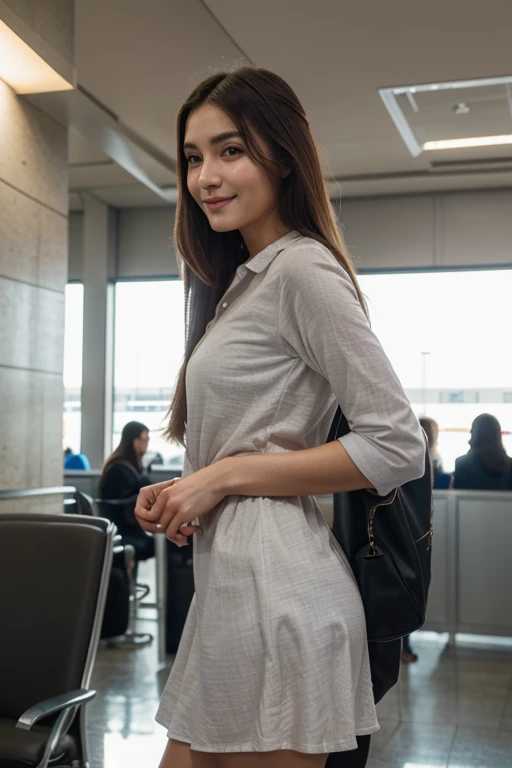 (best quality,4k,8k,highres,masterpiece:1.2),ultra-detailed,(realistic,photorealistic,photo-realistic:1.37),Latina woman, 30-year-old,blonde hair flowing down to waist, honey-colored eyes sparkling with warmth, smiling with radiance and confidence, perfect hands and slender fingers delicately poised, wearing a tailored woman's business suit that accentuates her elegant figure, standing confidently inside a bustling subway station. The station is filled with the sound of commuters rushing past, the echo of footsteps on the tiled floor, and the distant hum of trains arriving and departing. The walls of the station are adorned with vibrant murals depicting the diversity and energy of the city. Streams of natural light pour in from the skylights above, casting gentle shadows on the platform. The air is filled with a mixture of anticipation and determination, as commuters eagerly await their next journey. As the woman waits, she glances at her watch with a hint of excitement, knowing that she has the power to conquer any challenge that comes her way. The scene captures the essence of modern urban life, with the woman as the epitome of grace, strength, and ambition.